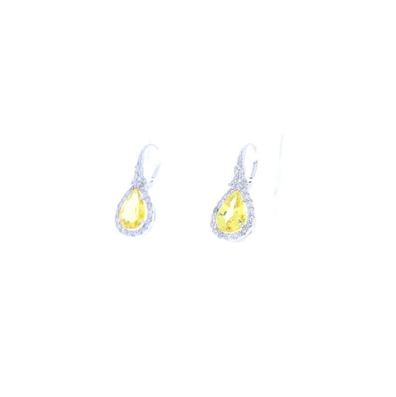 Contemporary 5.63 Carat Pear Shape Yellow Sapphire & Diamond Dangle Earring In 18K White Gold