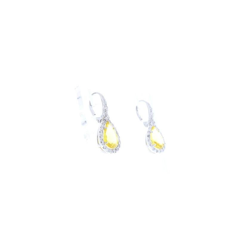 5.63 Carat Pear Shape Yellow Sapphire & Diamond Dangle Earring In 18K White Gold In New Condition In Chicago, IL