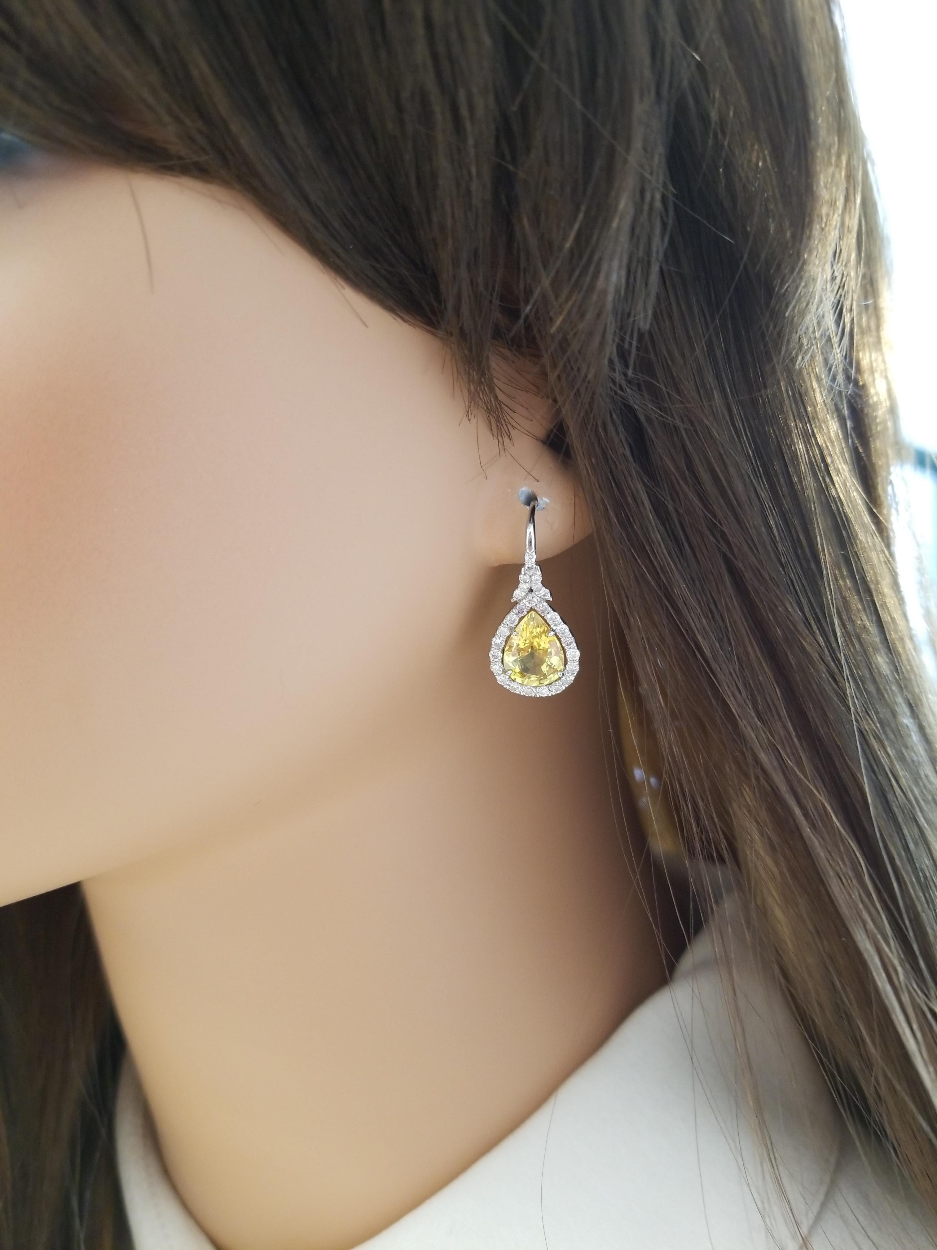 Women's 5.63 Carat Pear Shape Yellow Sapphire & Diamond Dangle Earring In 18K White Gold