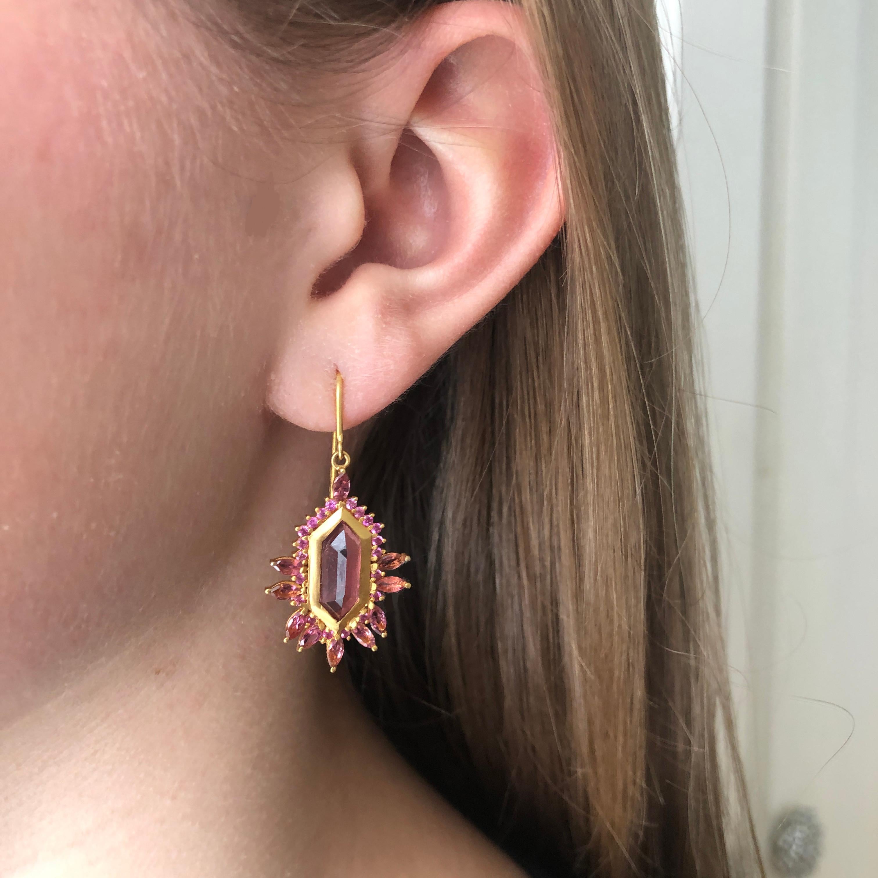 Designed by Lauren Harper, these faceted Pink Tourmaline 18kt Gold earrings are hand made with beautiful, vibrant and high quality stones. Solid 18kt matte Gold. Perfect finishing touch to every outfit, and lightweight enough for all day wear. Ships