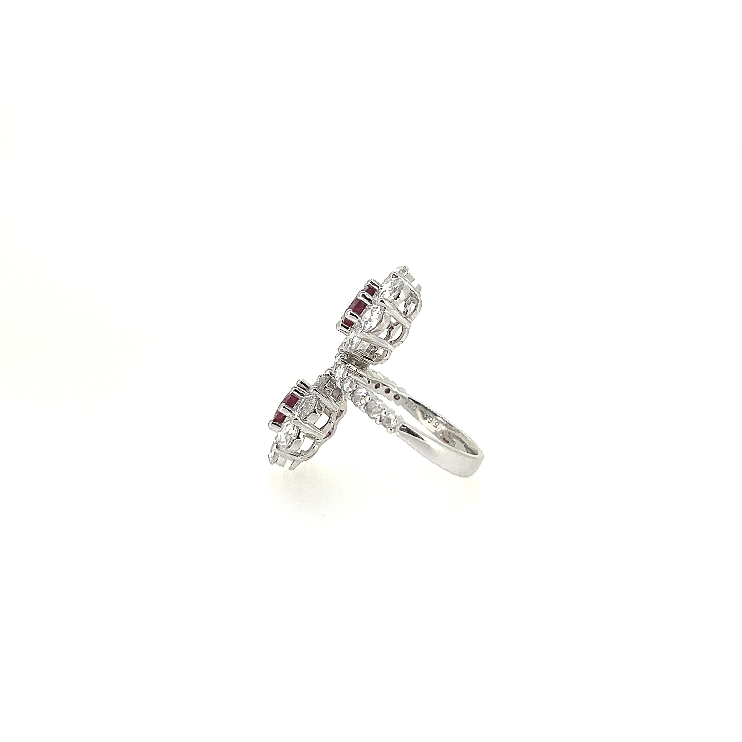 Round Cut 5.63 Carat Ruby and Diamond Double Flower Ring on 18K White Gold For Sale