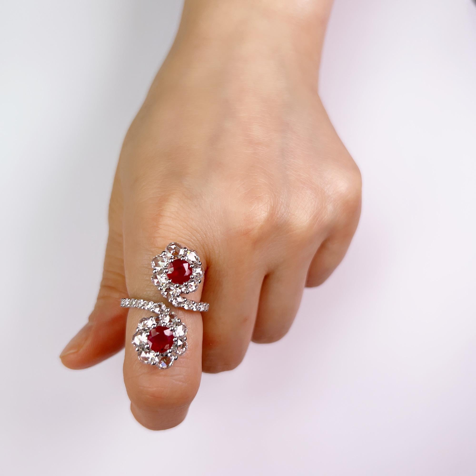 5.63 Carat Ruby and Diamond Double Flower Ring on 18K White Gold In New Condition For Sale In Wan Chai District, HK