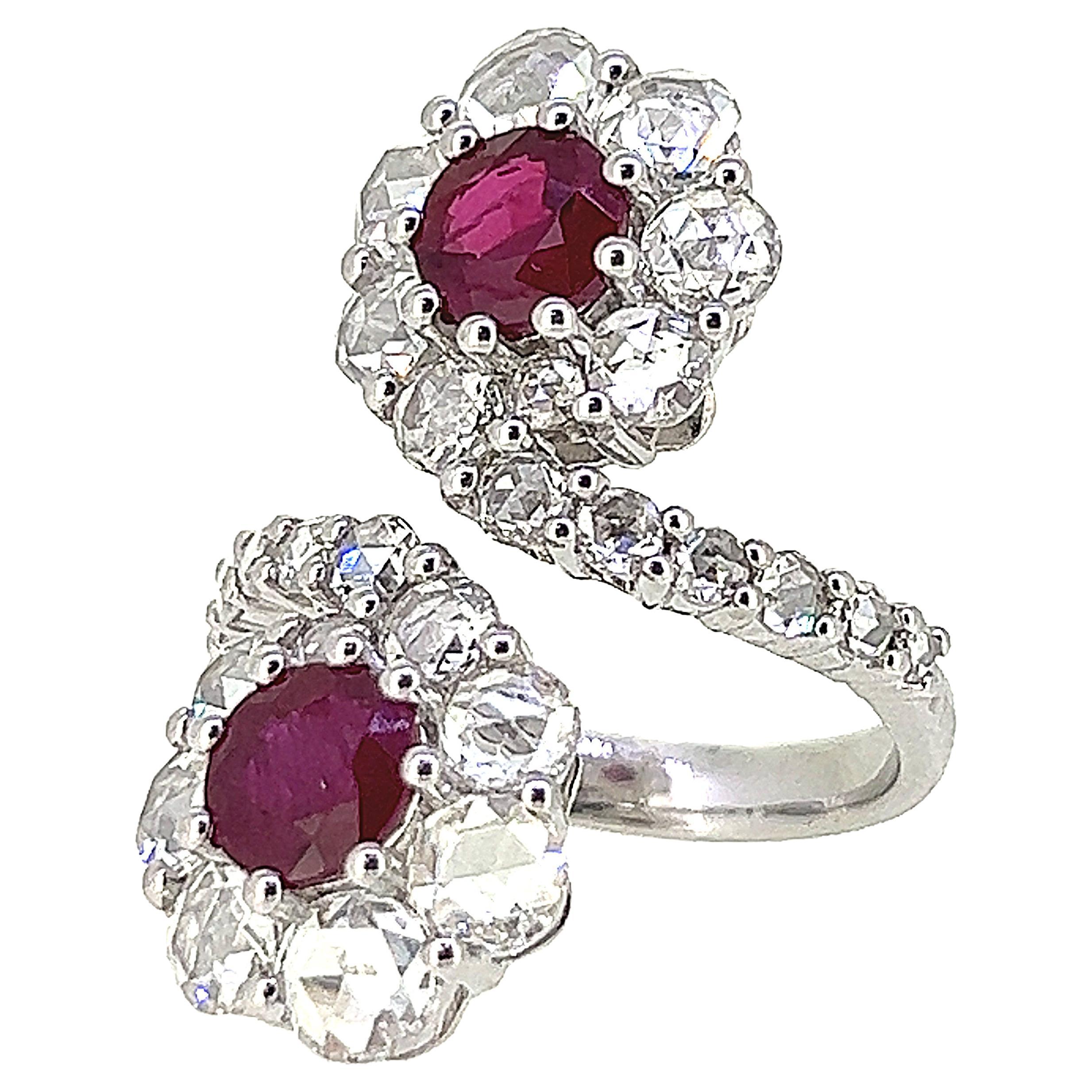 5.63 Carat Ruby and Diamond Double Flower Ring on 18K White Gold For Sale