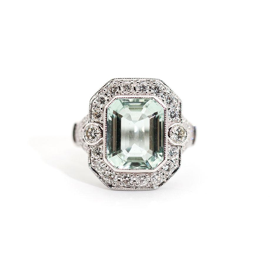 5.63 Carat Sea Foam Emerald Cut Aquamarine and 1.08 Carat Diamond Vintage Ring 8
