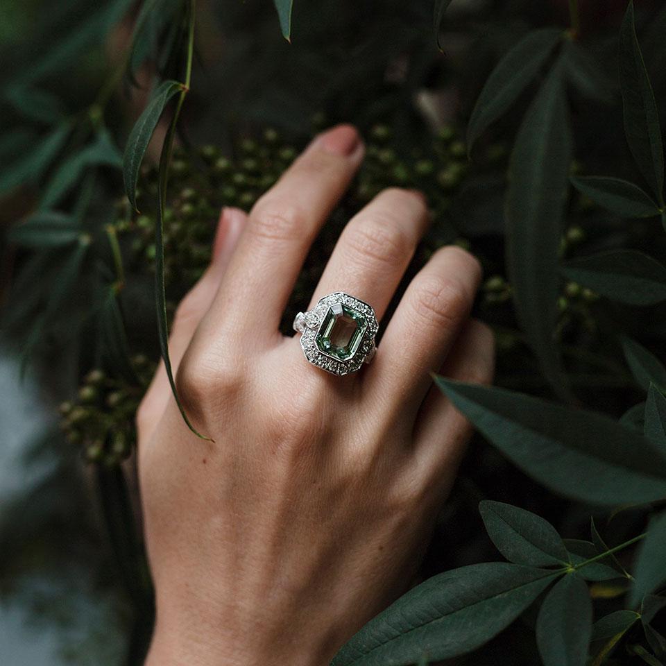 Women's 5.63 Carat Sea Foam Emerald Cut Aquamarine and 1.08 Carat Diamond Vintage Ring