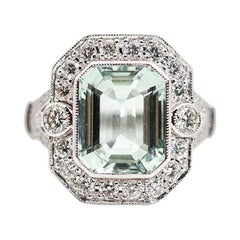 5.63 Carat Sea Foam Emerald Cut Aquamarine and 1.08 Carat Diamond Vintage Ring