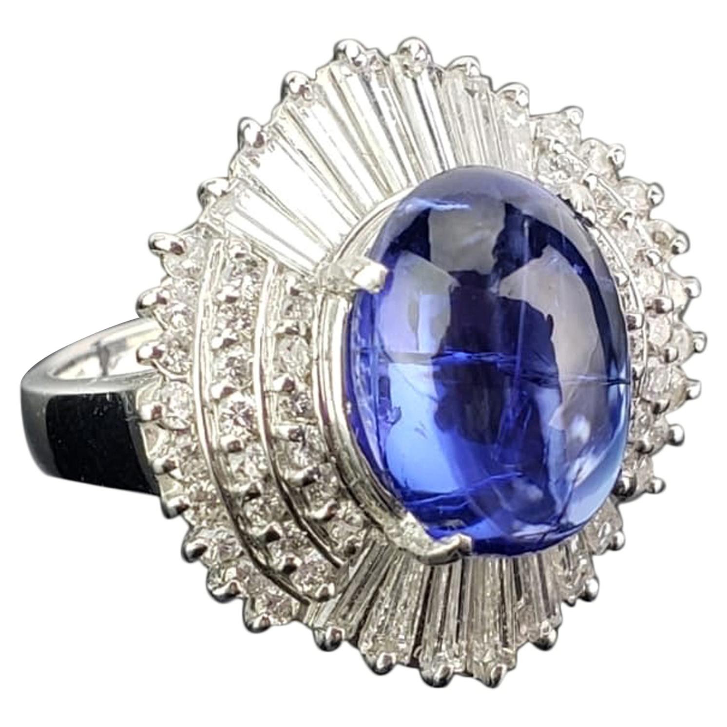 5.63 Carat Tanzanite Cabochon and Diamond Platinum Engagement Ring