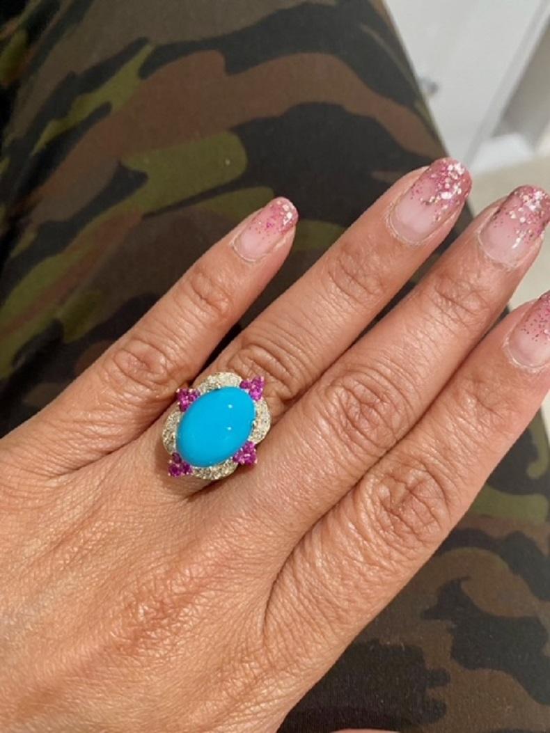 5.63 Carat Turquoise Diamond Pink Sapphire Yellow Gold Cocktail Ring In New Condition For Sale In Los Angeles, CA