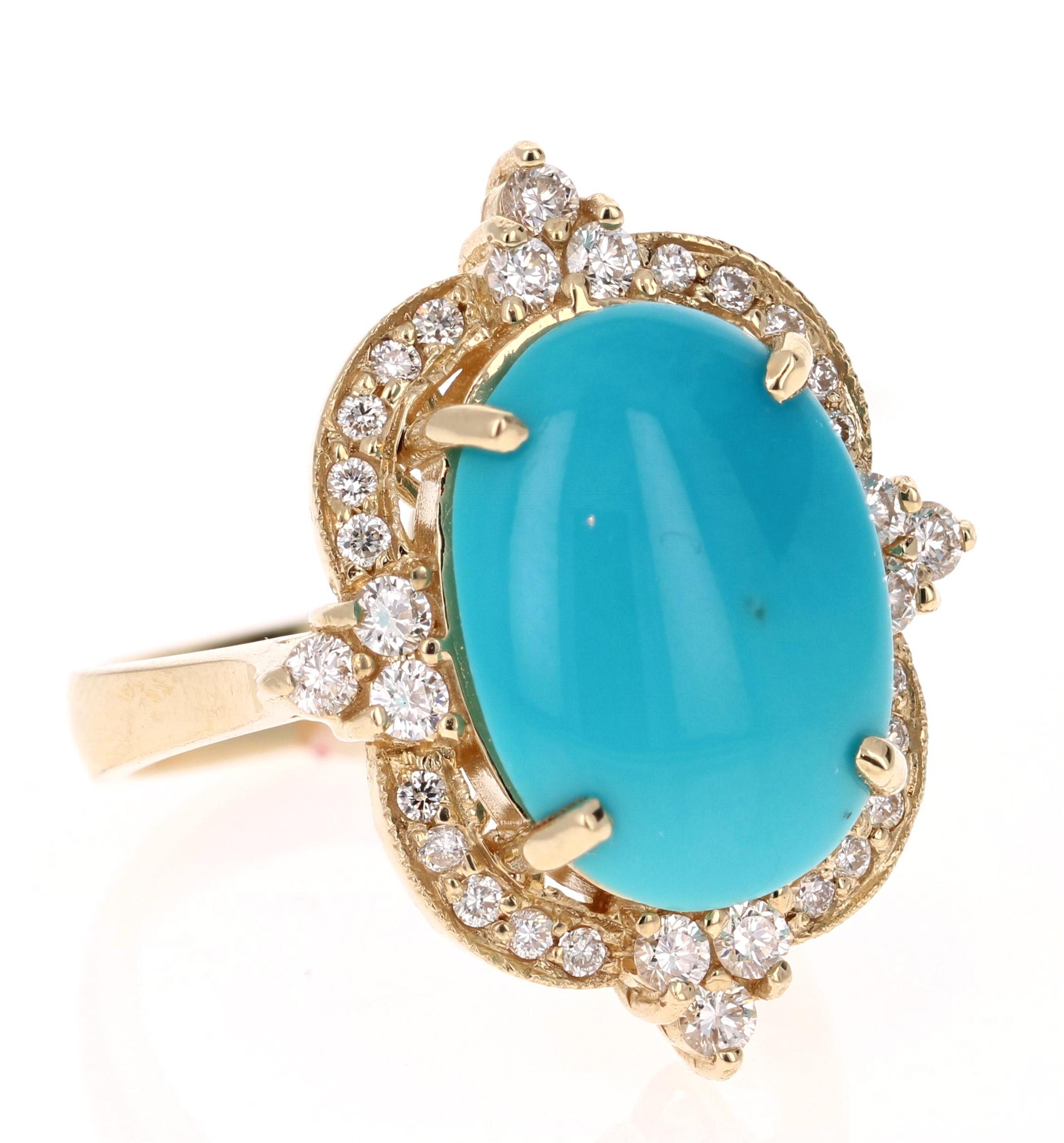 5.63 Carat Turquoise Diamond Victorian Yellow Gold Ring

This gorgeous Victorian inspired cocktail ring has a beautiful Oval Cut Turquoise that weighs 5.03 carats and 32 Round Cut Diamonds that weigh 0.60 carats. The clarity and color of the