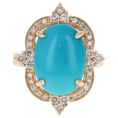 Bague victorienne en or jaune avec diamants et turquoise de 5,63 carats