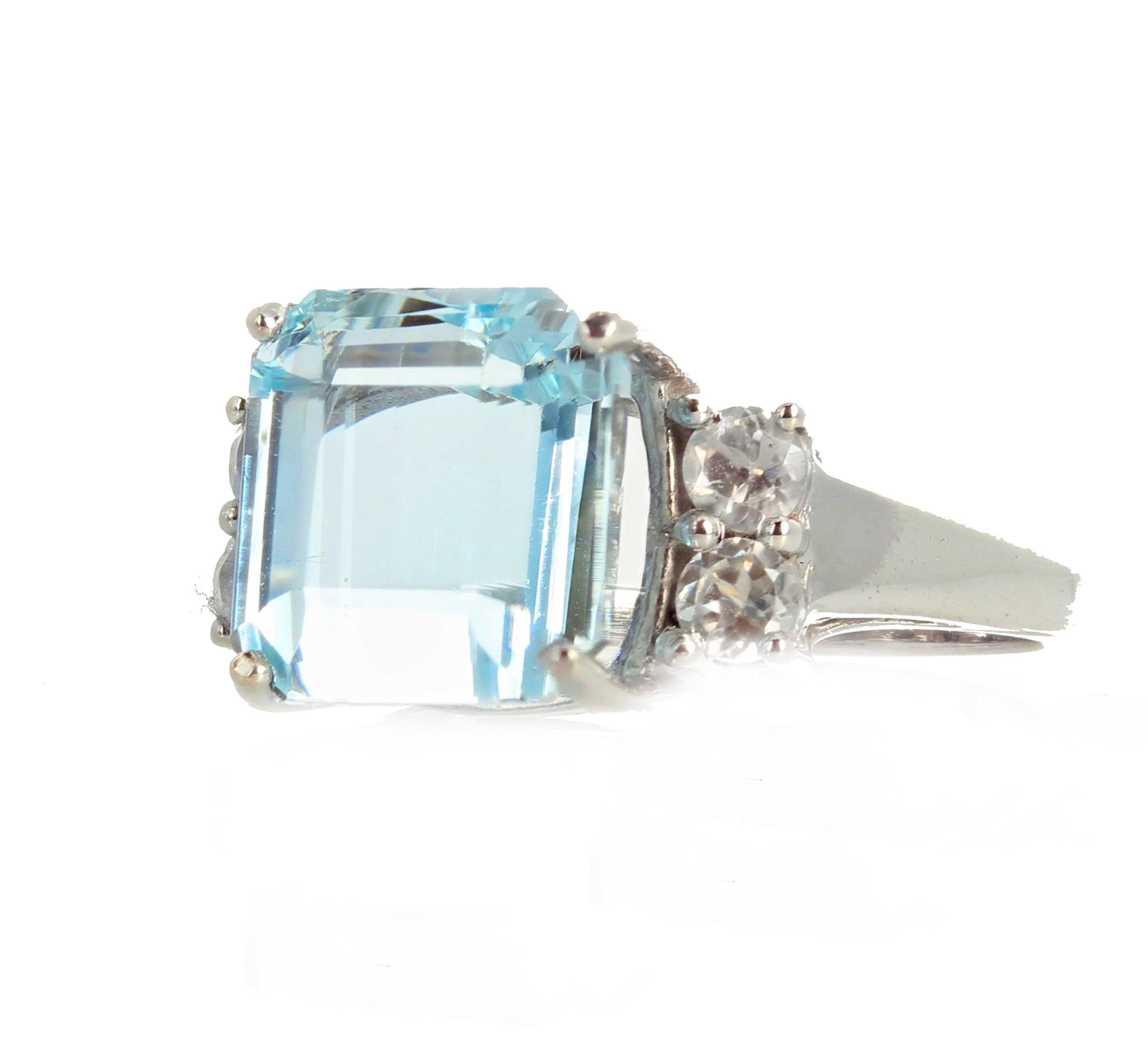 The 0.4 carats of Diamonds enhance the beauty of this magnificent 5.64 carat natural Aquamarine from the famous Santa Maria mine in Brazil.  The Aquamarine and Diamonds are set in a rhodium plated sterling silver size 7 (sizable).  More from this
