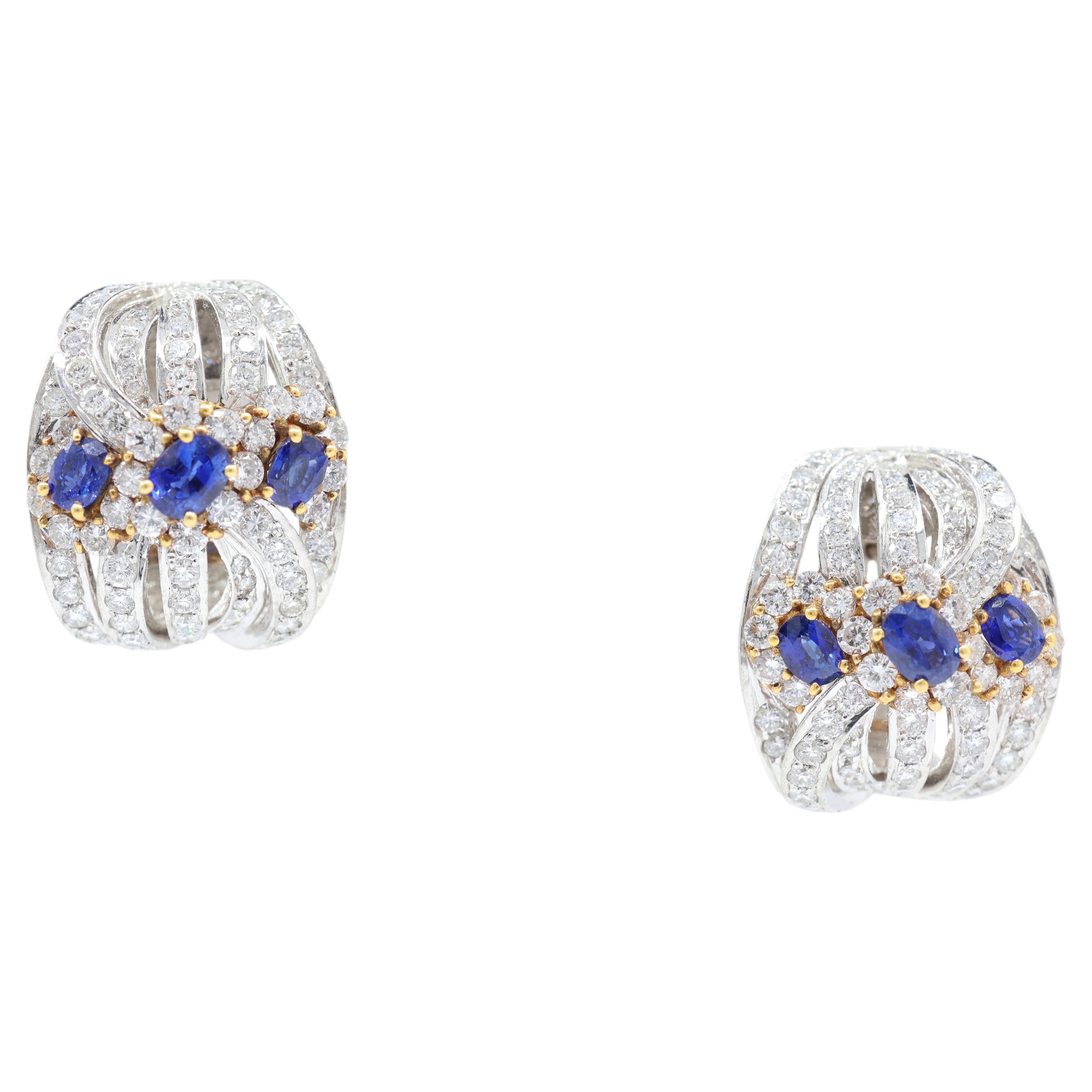 5,64 Karat Diamant- und Saphir-Reifenohrringe aus Platin mit Diamantenpavé