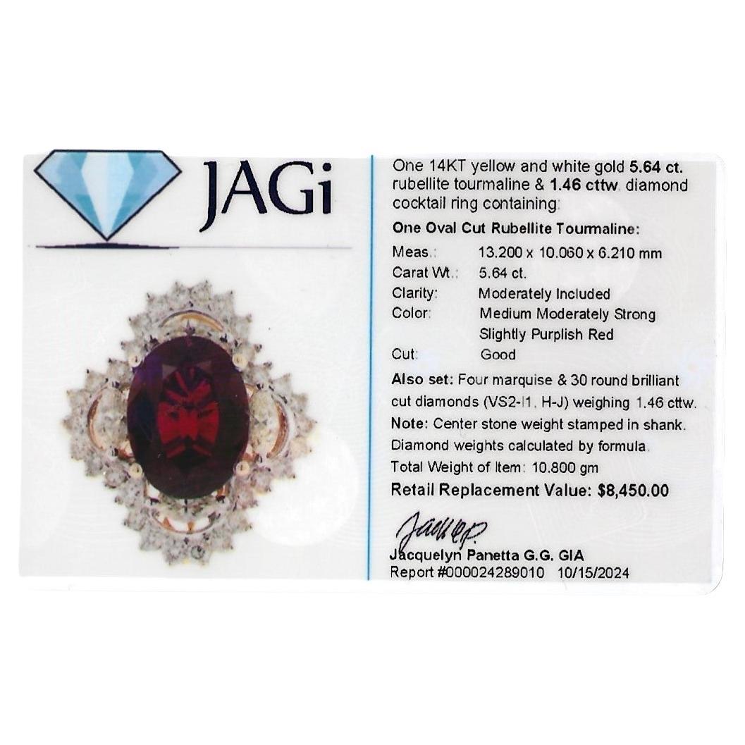 5.64 Carat Oval Cut Rubellite Tourmaline and Diamond Cocktail Ring 14 Karat Gold For Sale 6