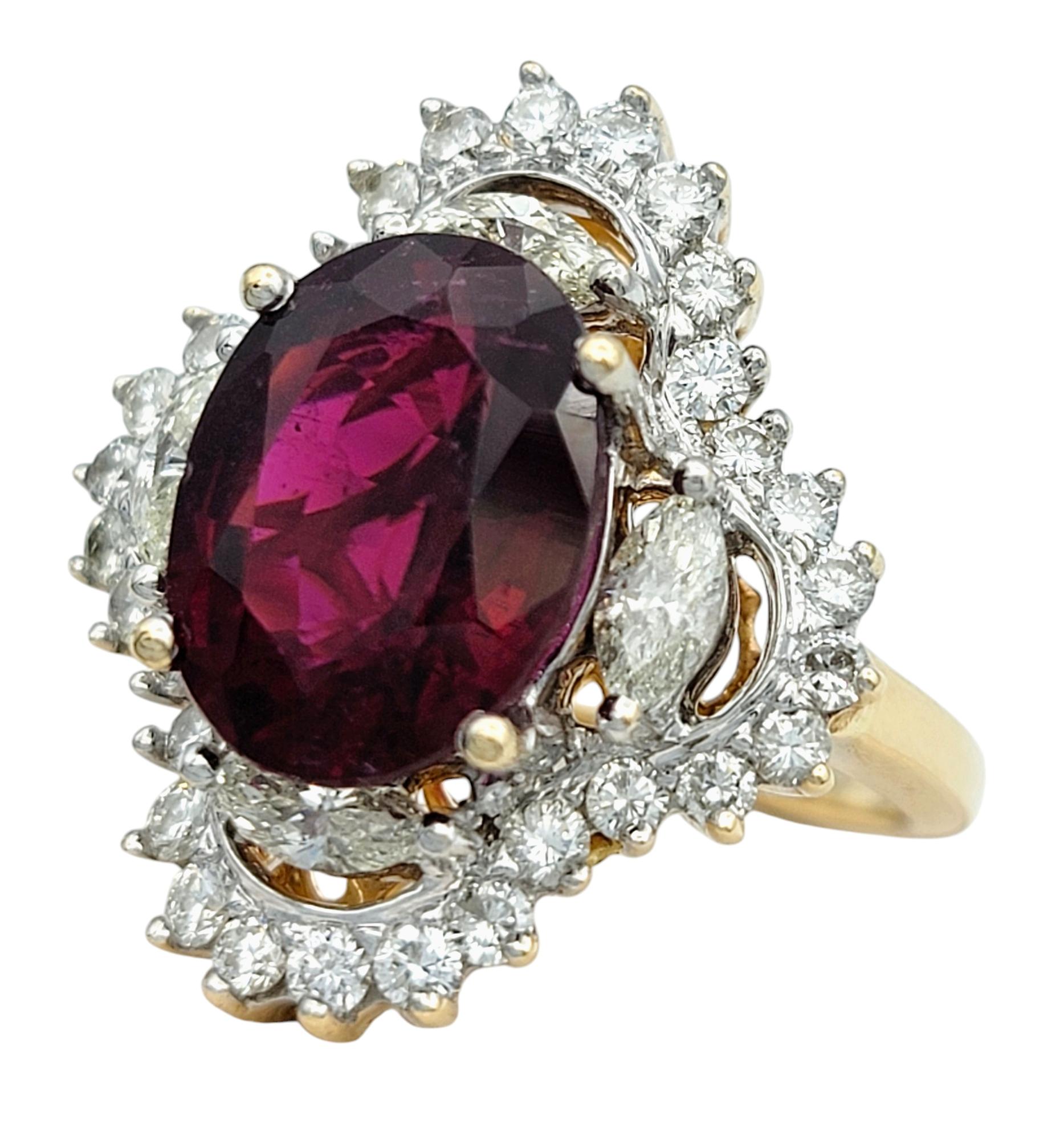 Contemporary 5.64 Carat Oval Cut Rubellite Tourmaline and Diamond Cocktail Ring 14 Karat Gold For Sale