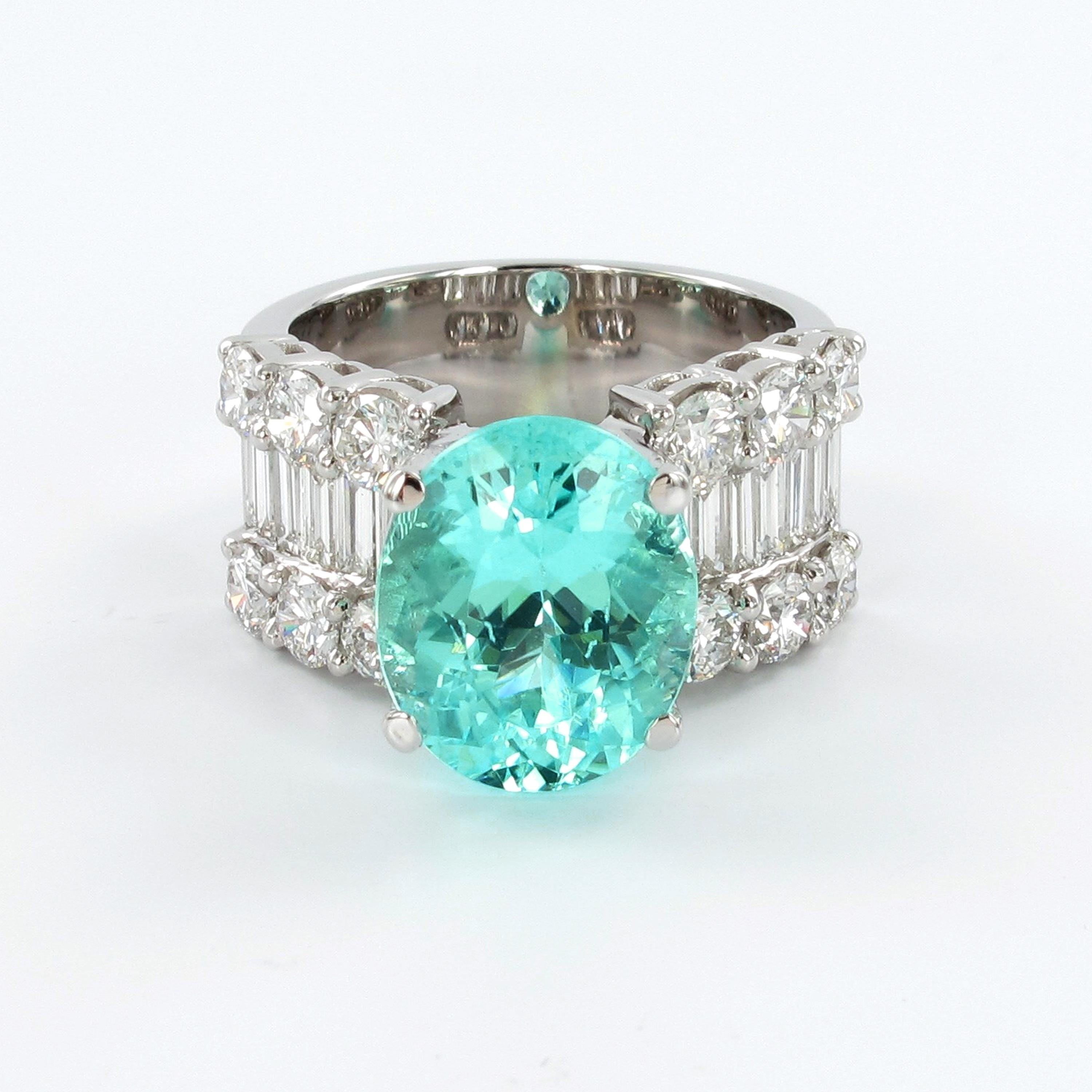 While the traditional origin of Paraiba Tourmalines is Brazil, there have been new findings in Africa since the early 2000. This 5.67 ct oval specimen was mined in Nigeria and shows no evidence of any kind of treatment. The stone shows the typical