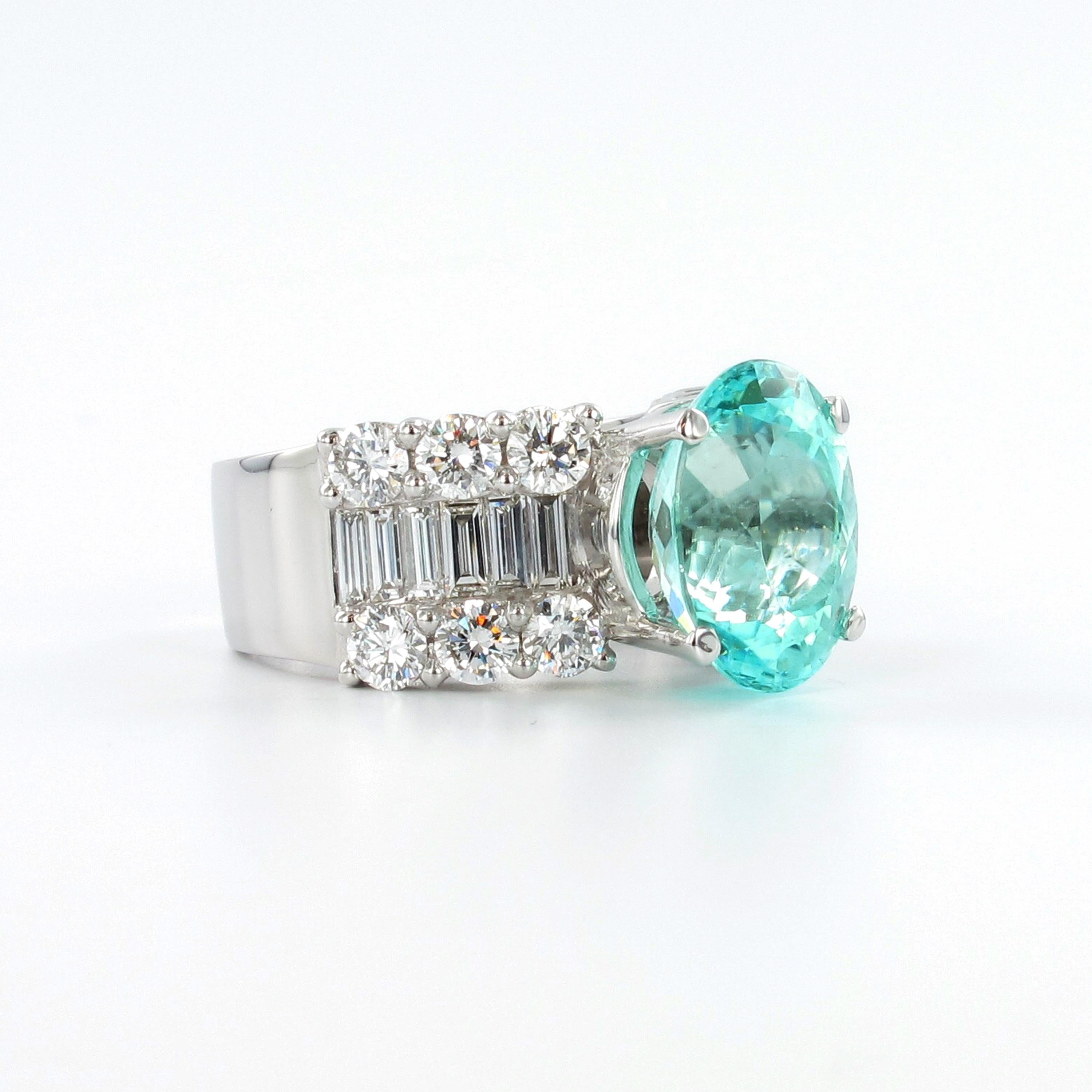 Brilliant Cut 5.64 Carat Paraiba Tourmaline Diamond Ring in White Gold 750