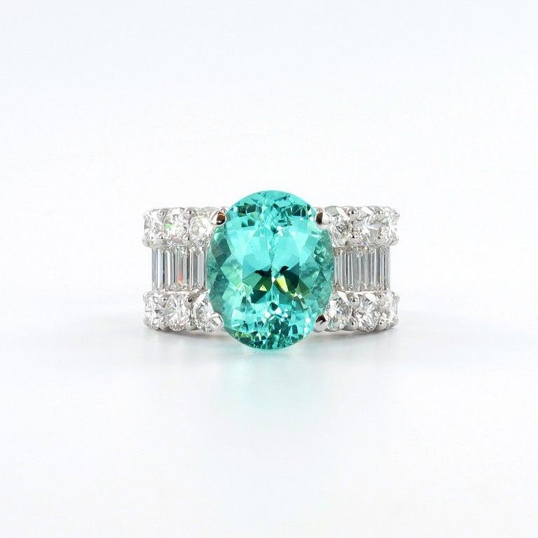 Women's or Men's 5.64 Carat Paraiba Tourmaline Diamond Ring in White Gold 750