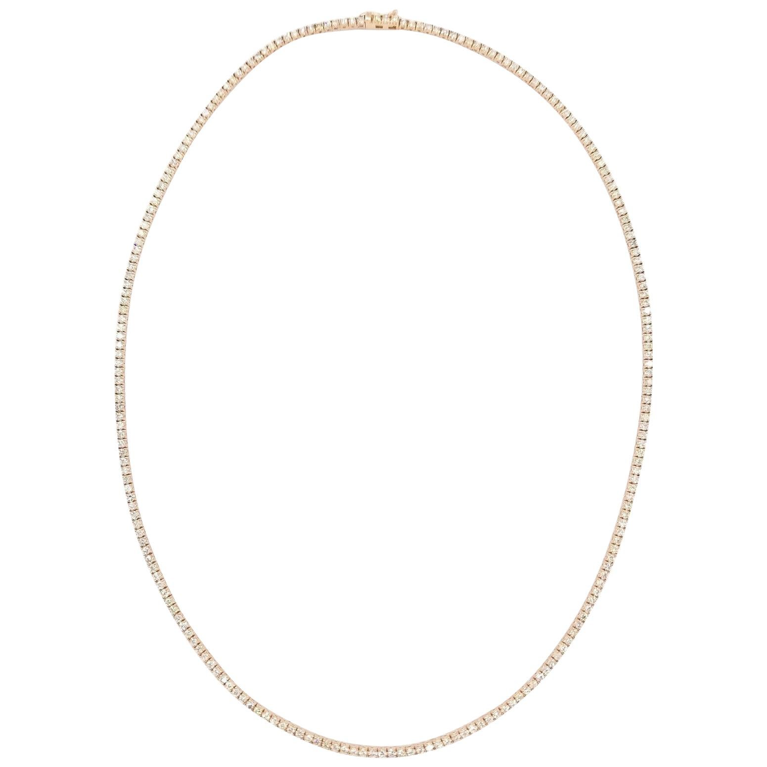 Brilliant and beautiful tennis necklace, natural round-brilliant cut white diamonds clean and Excellent shine. 14k rose gold classic four-prong style for maximum light brilliance. 21 inch length. Average H-I Color, SI Clarity. 2.2 mm. Elegance for