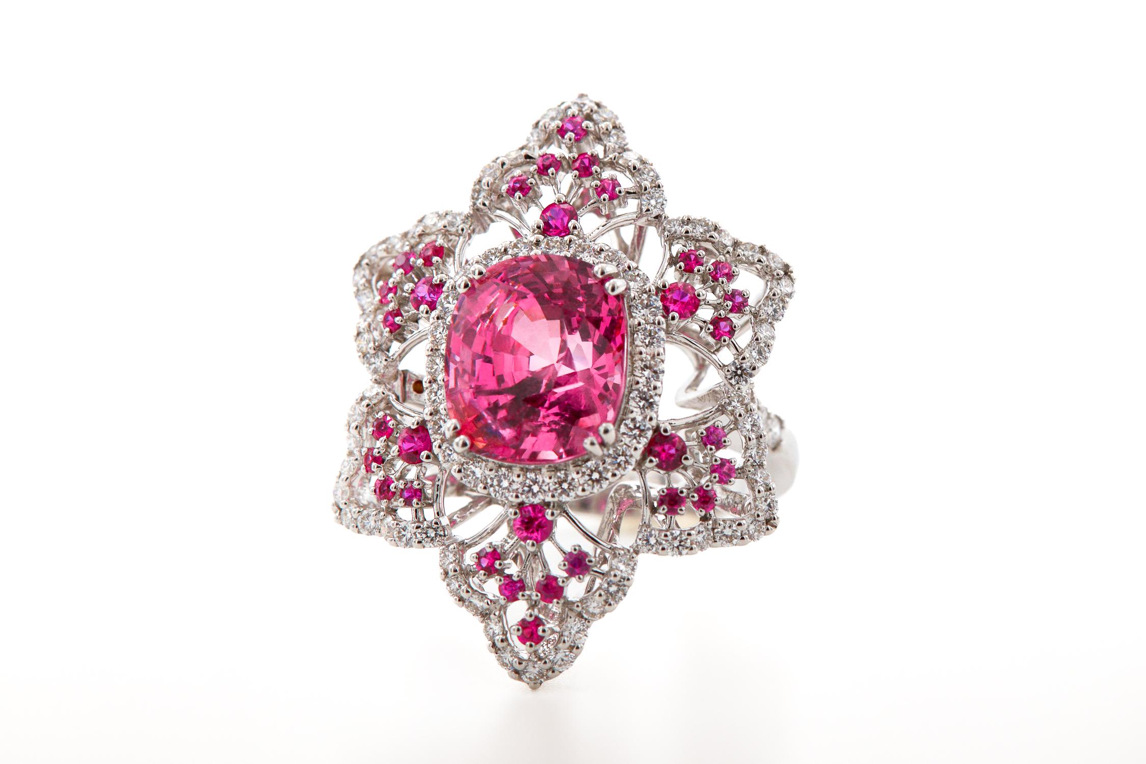 Cushion Cut 5.64 Carats Burmese Spinel, Pink Sapphire and Diamond Cocktail Ring For Sale