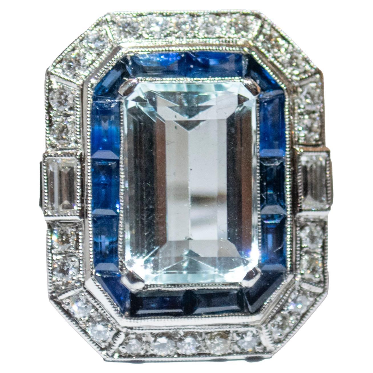 5.65 carat Aquamarine 1.70 carat Sapphires 0.89 carat Diamond Cocktail Ring