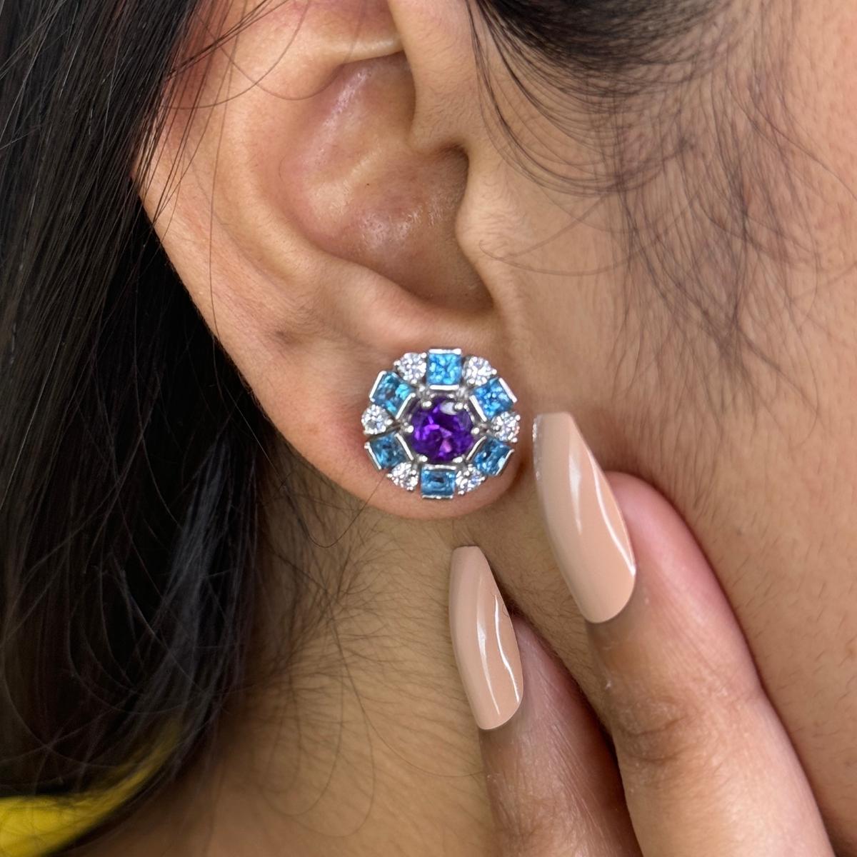 5.65 Carat Blue Topaz Amethyst Round Stud Earrings in sterling silver to make a statement with your look. You shall need stud earrings to make a statement with your look. These earrings create a sparkling, luxurious look featuring, round cut natural