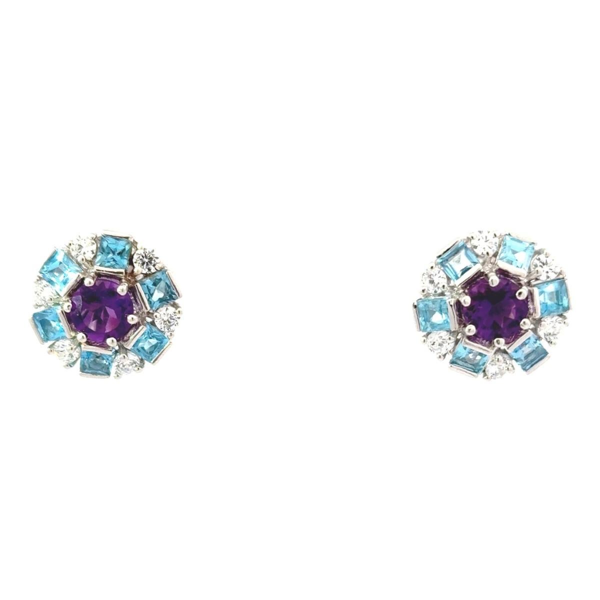 Women's 5.65 Carat Blue Topaz Amethyst Round Stud Earrings in Sterling Silver for Mom For Sale