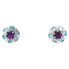 5.65 Carat Blue Topaz Amethyst Round Stud Ears in Sterling Silver for Mom