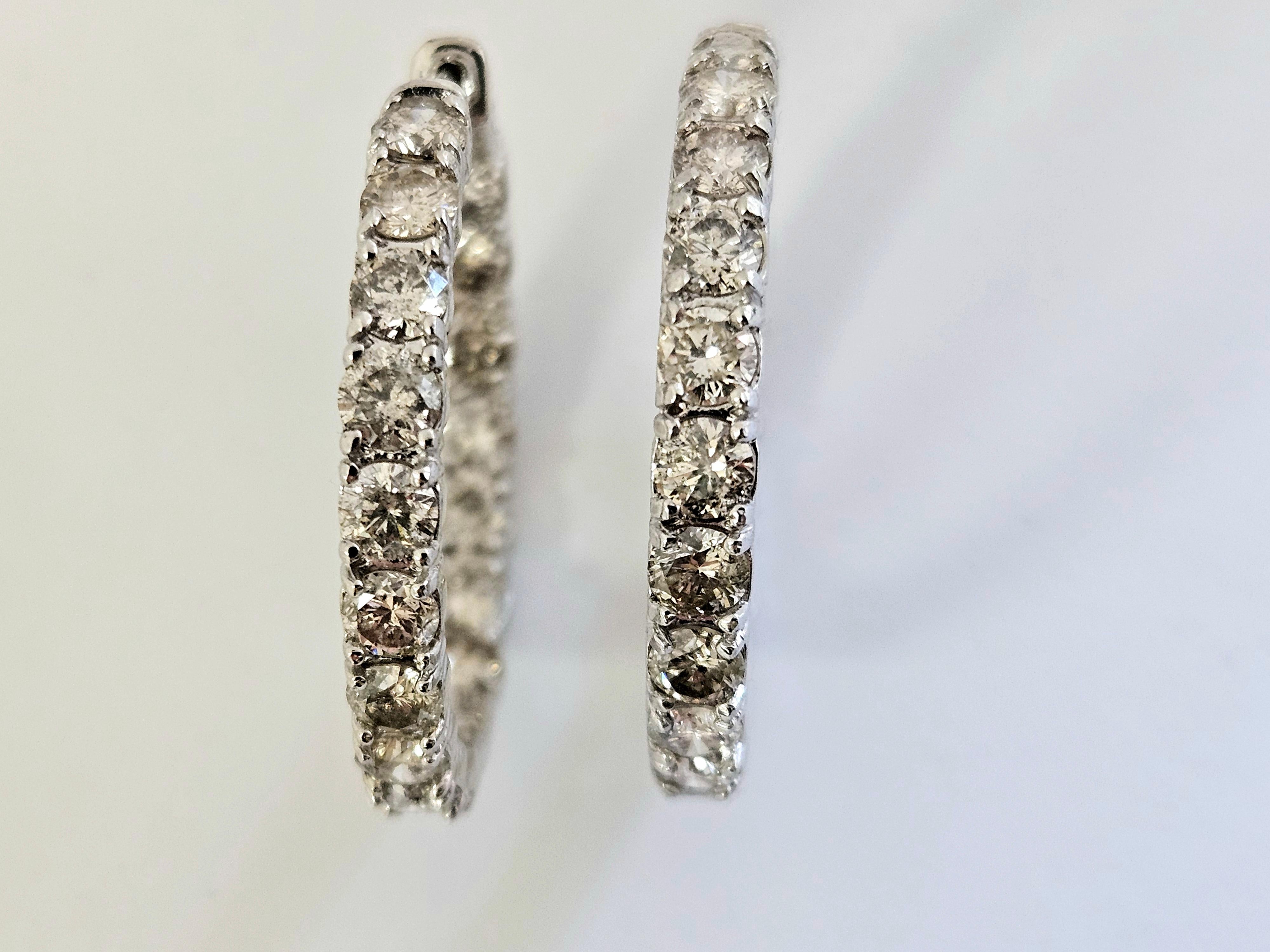 Women's 5.65 Carat Diamond Huggie Hoops Earrings 14 Karat White Gold For Sale