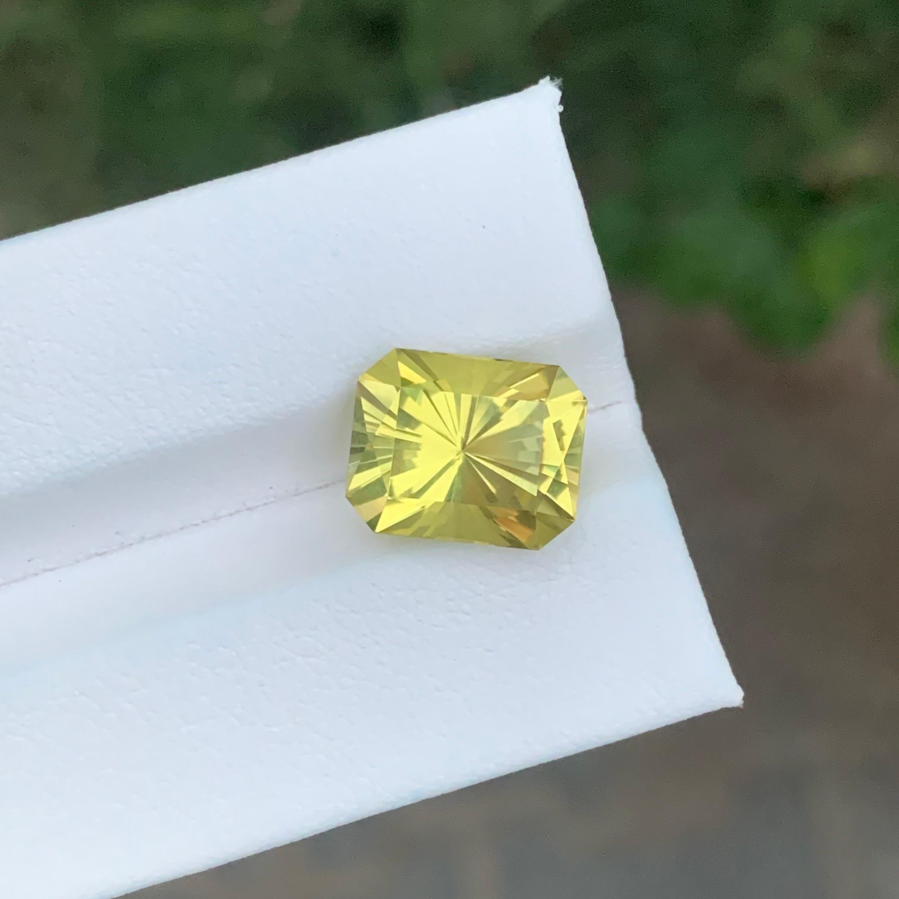 Yellow Lemon Quartz 

Weight: 5.65 Carat
Dimension: 11.9 x 9.5 x 8.1 Mm 
Origin; Brazil
Color: Lemon Yellow
Shape: Emerald
Treatment: Non

Yellow Lemon Quartz is a vibrant, translucent variety of quartz known for its bright, sunny hue. It is often