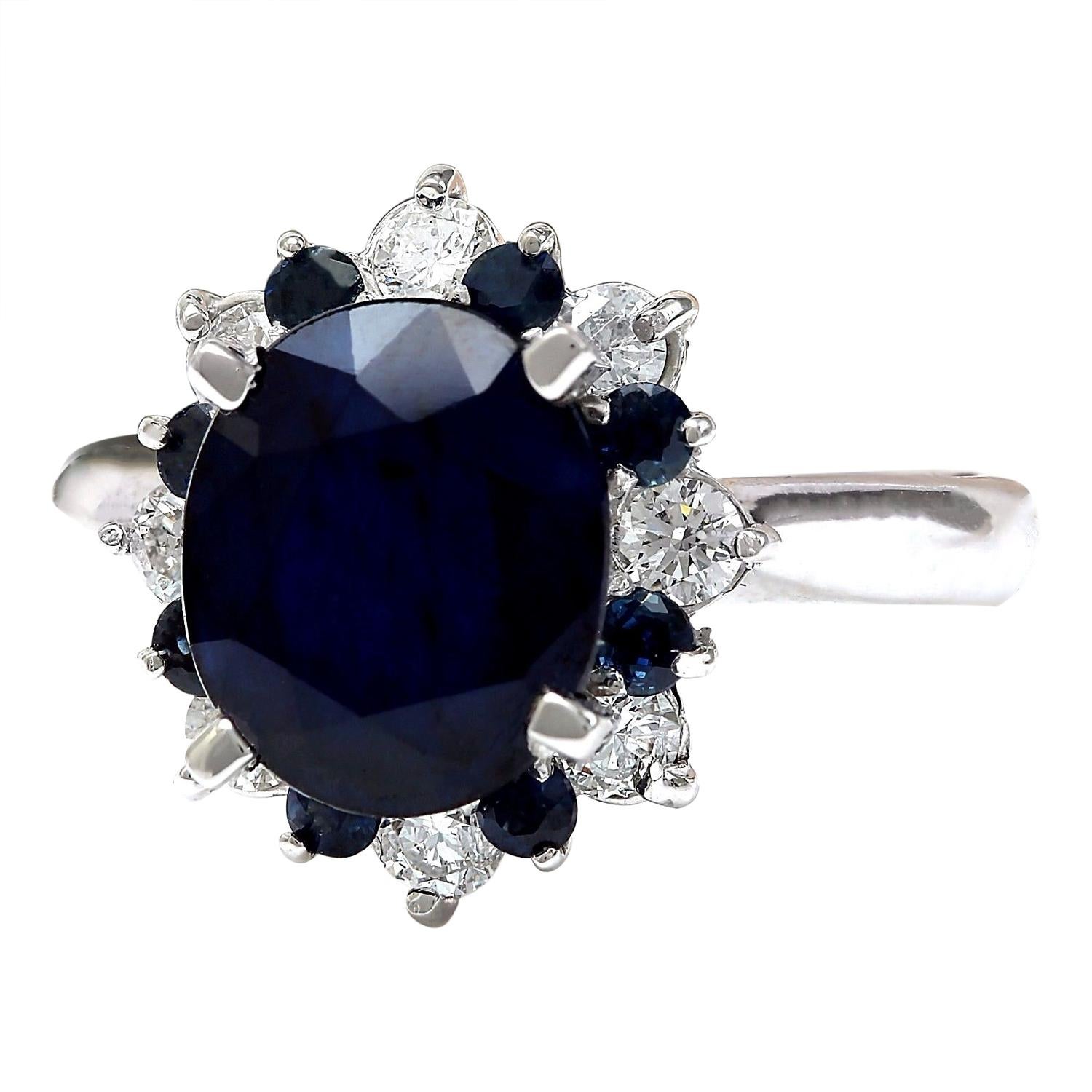 5.65 Carat Natural Sapphire 14K Solid White Gold Diamond Ring
 Item Type: Ring
 Item Style: Engagement
 Material: 14K White Gold
 Mainstone: Sapphire
 Stone Color: Blue
 Stone Weight: 4.85 Carat
 Stone Shape: Oval
 Stone Quantity: 9
 Stone