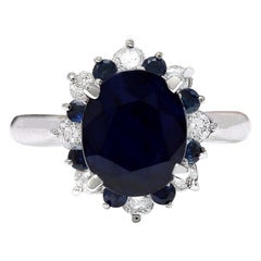 Natural Sapphire Diamond Ring In 14 Karat Solid White Gold 