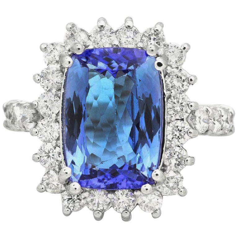 Bague De Fiançailles/mariage En Or Blanc 14k Avec Tanzanite Naturelle Et Diamants - Taille US7, Réglable, Faite Main