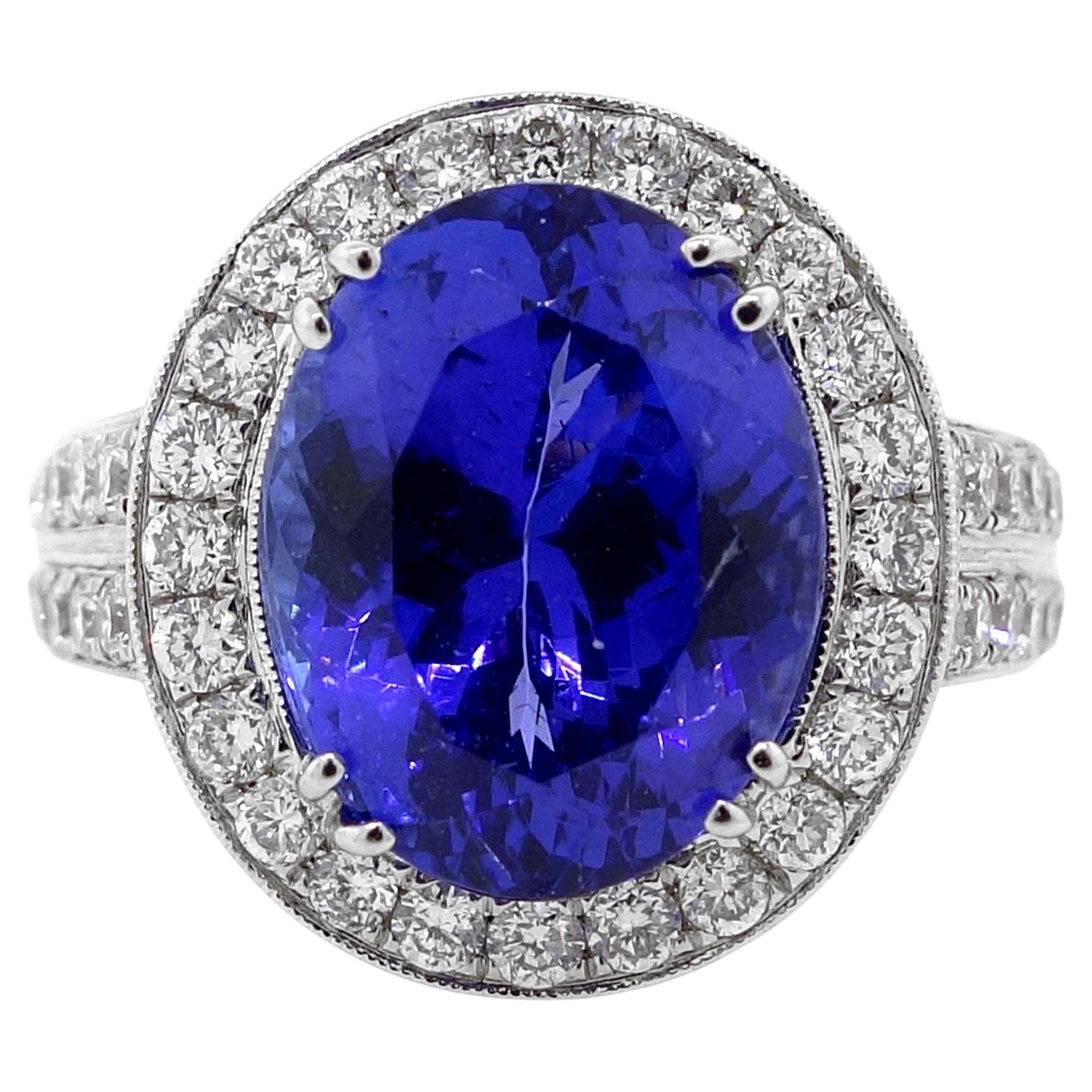 5.65 Carat Oval Tanzanite Ring in 18k White Gold For Sale
