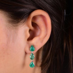 Natural Zambian Emerald Triple Pear Three-Drop Dangle Earrings 18k Gold 5.65ct
