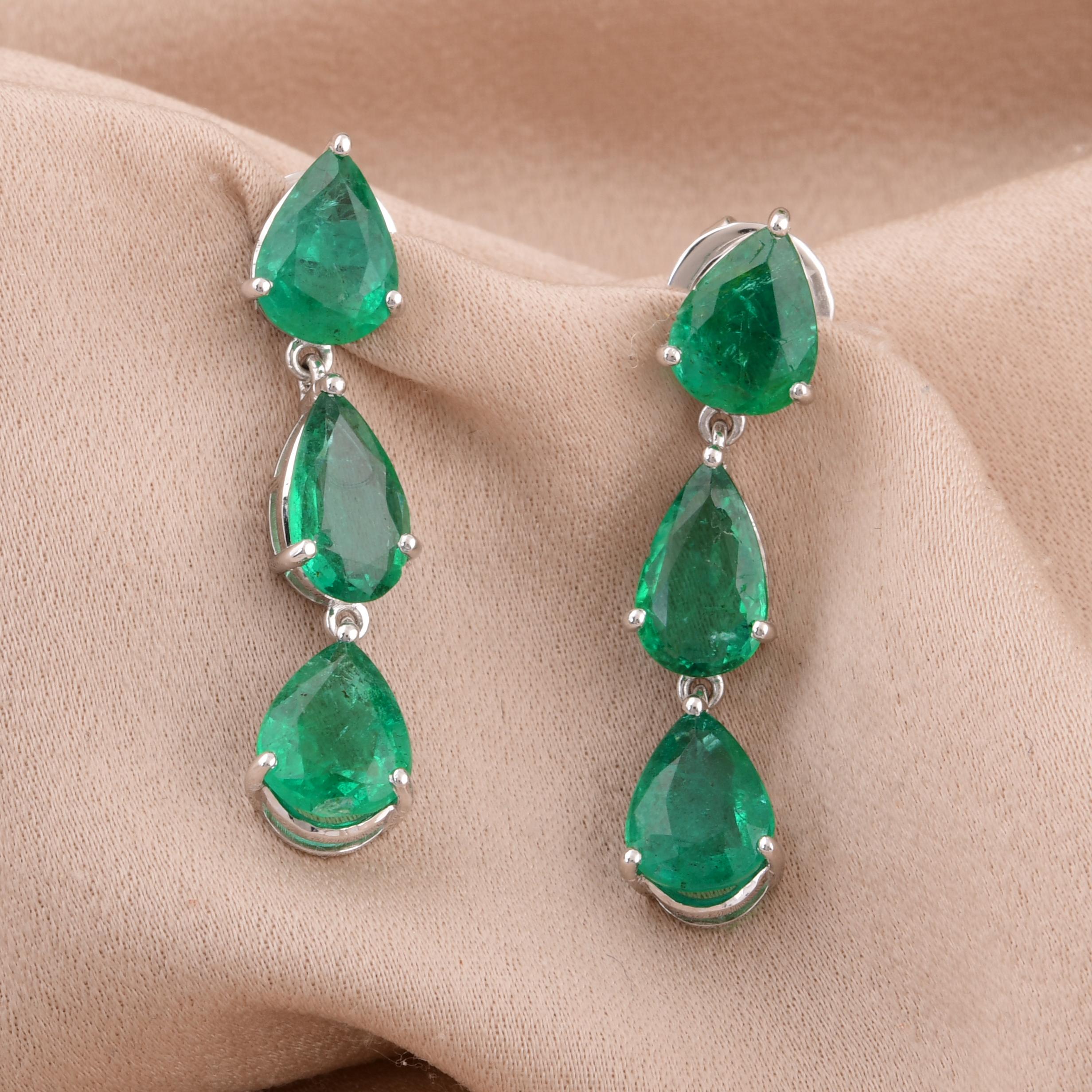 Modern 5.65 Carat Pear Zambian Emerald Dangle Earrings 14 Karat White Gold Fine Jewelry For Sale