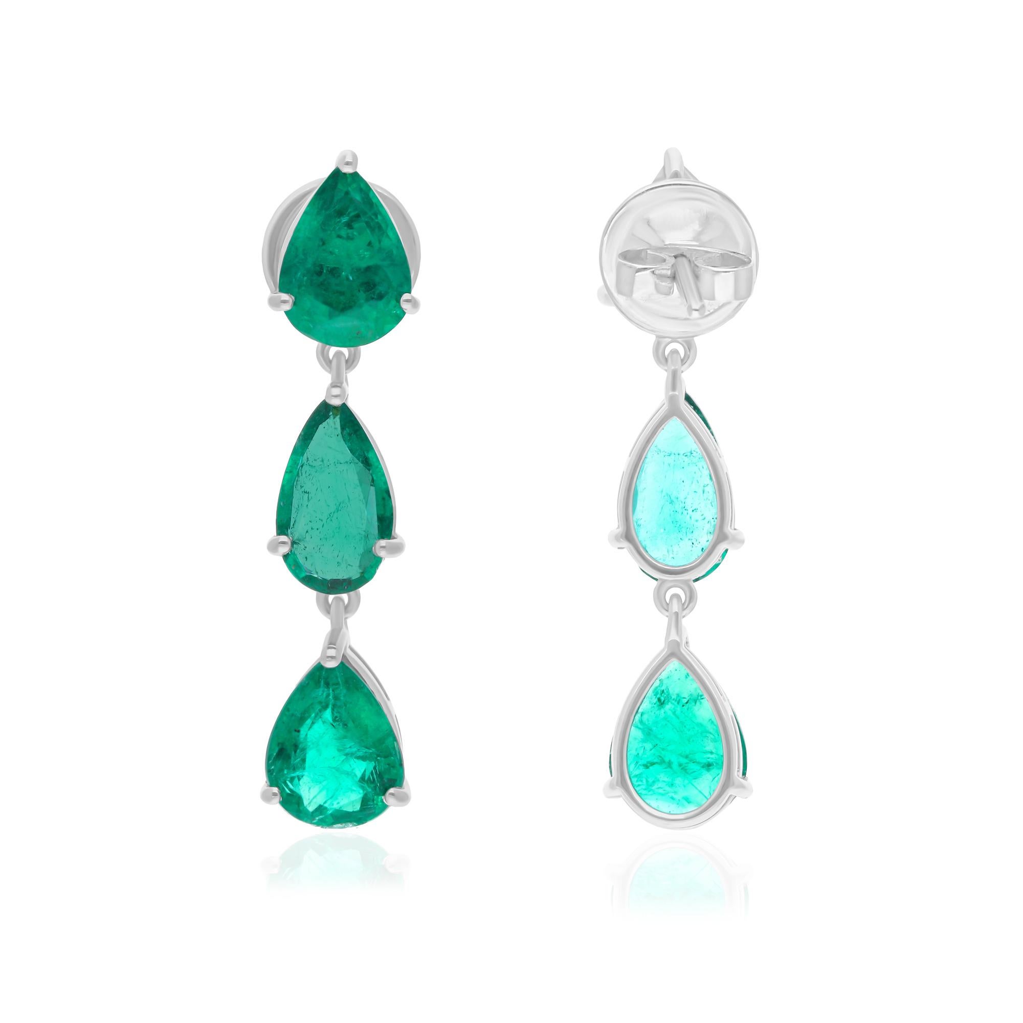 Pear Cut 5.65 Carat Pear Zambian Emerald Dangle Earrings 14 Karat White Gold Fine Jewelry For Sale