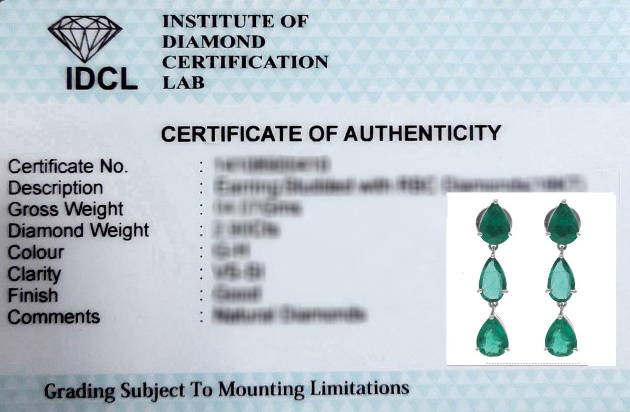 Women's 5.65 Carat Pear Zambian Emerald Dangle Earrings 14 Karat White Gold Fine Jewelry For Sale