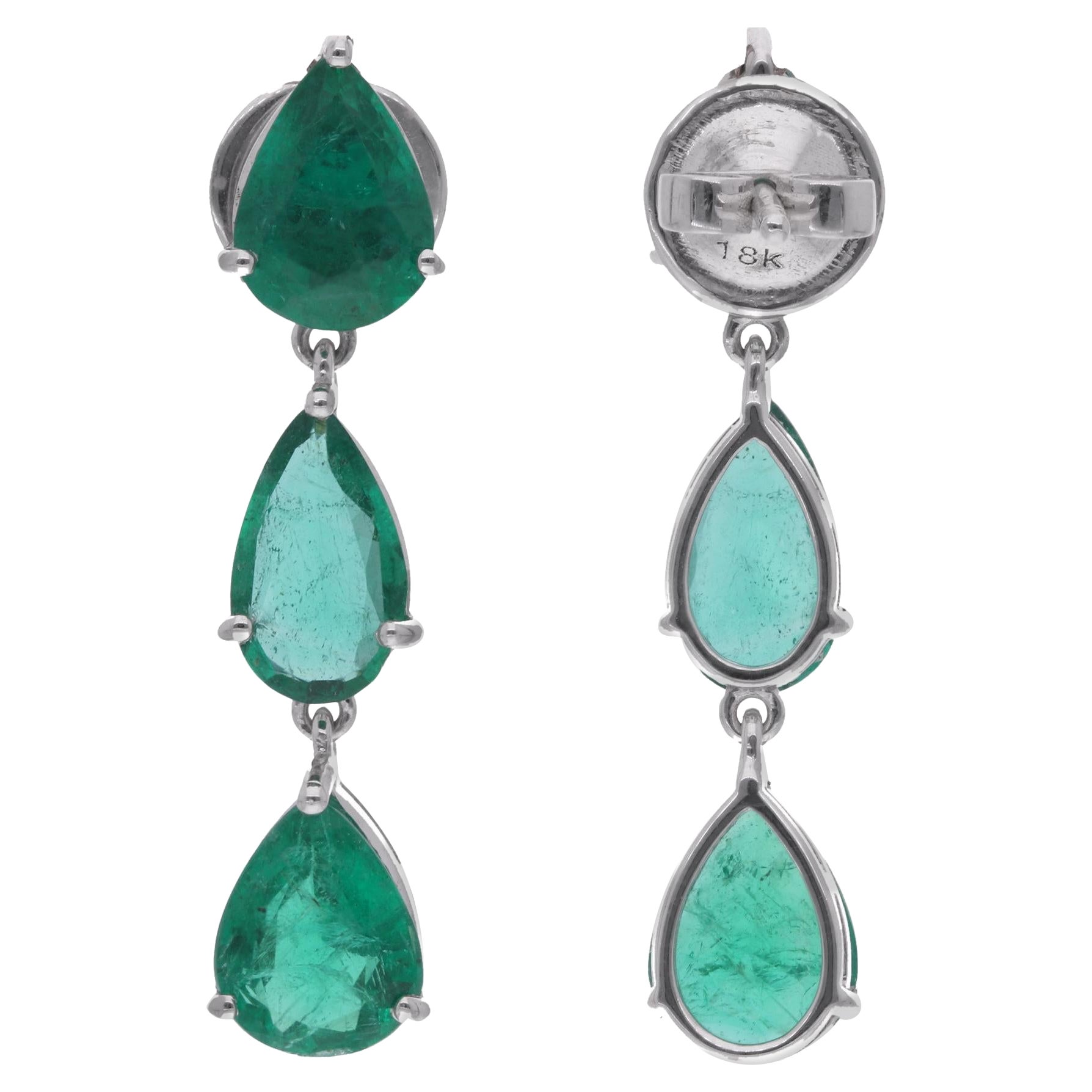 5.65 Carat Pear Zambian Emerald Dangle Earrings 14 Karat White Gold Fine Jewelry For Sale