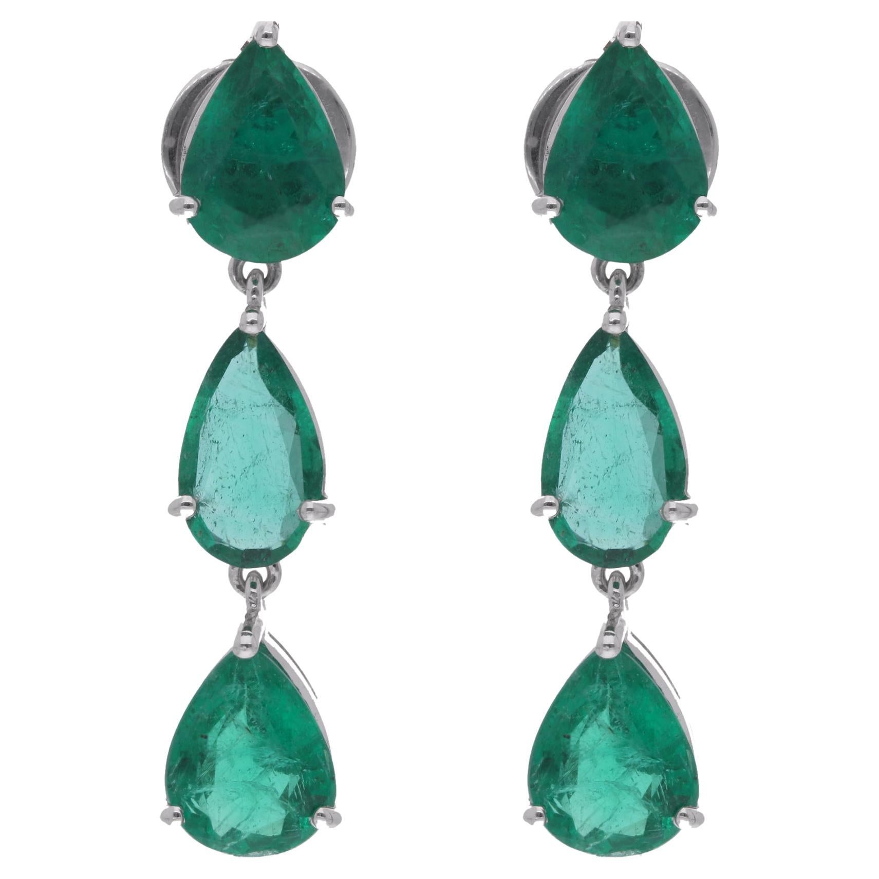 5.65 Carat Pear Zambian Emerald Dangle Earrings 14 Karat White Gold Fine Jewelry For Sale