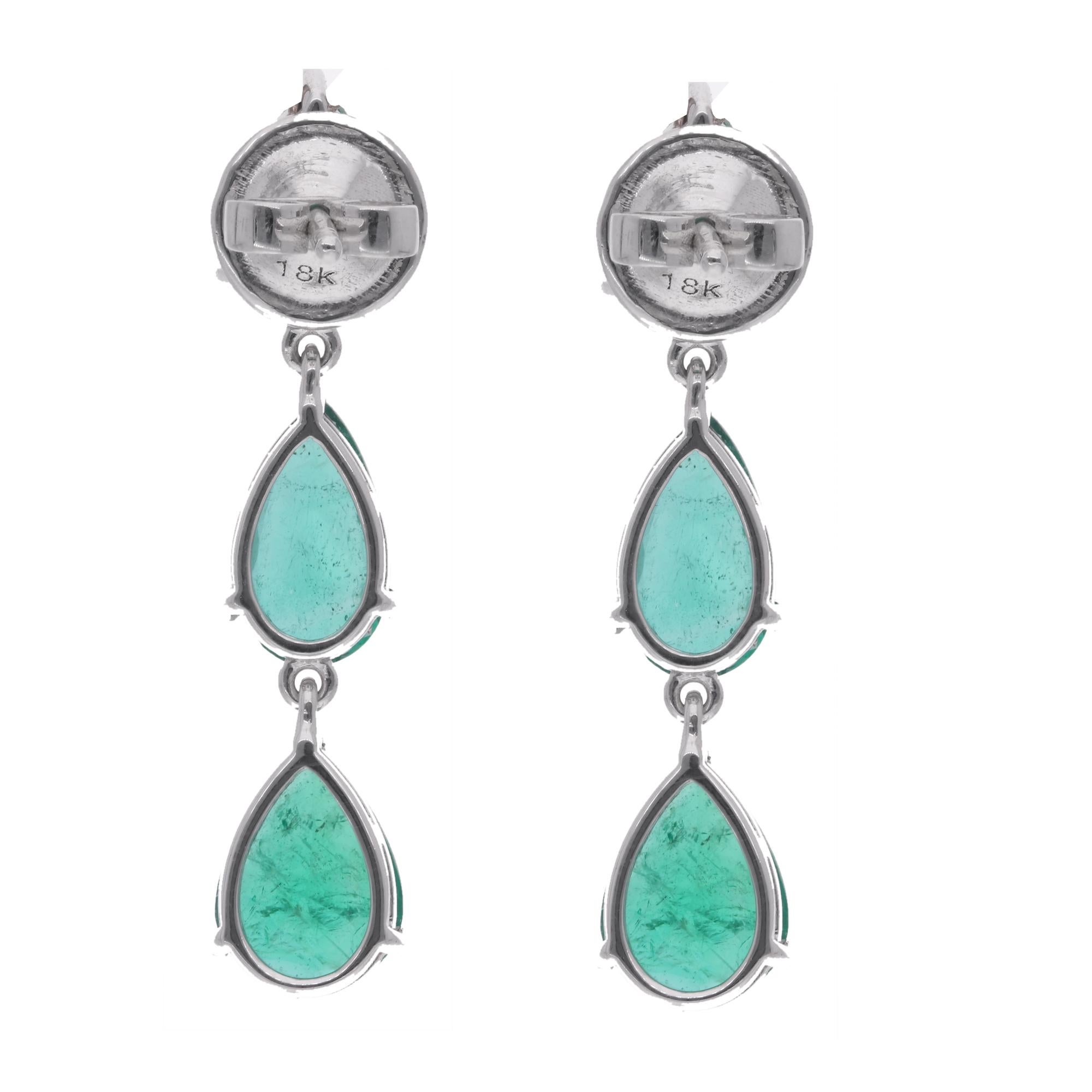 Pear Cut Natural 5.65 Carat Pear Emerald Gemstone Dangle Earrings 18 Karat White Gold For Sale