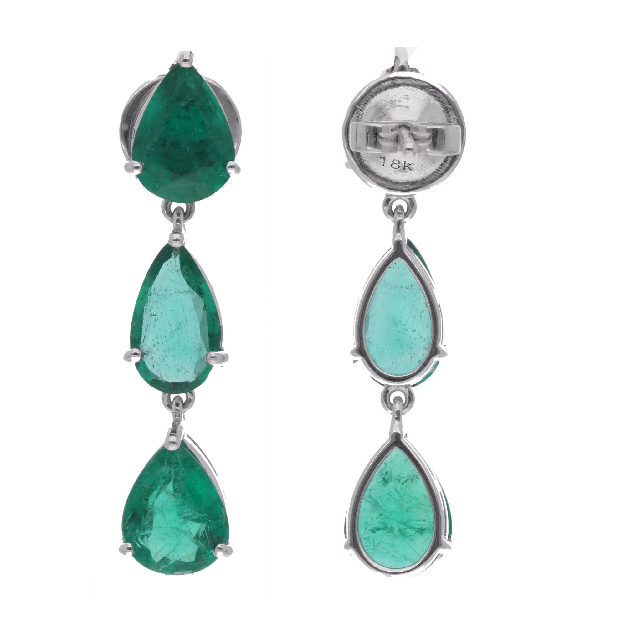 Women's Natural 5.65 Carat Pear Emerald Gemstone Dangle Earrings 18 Karat White Gold For Sale