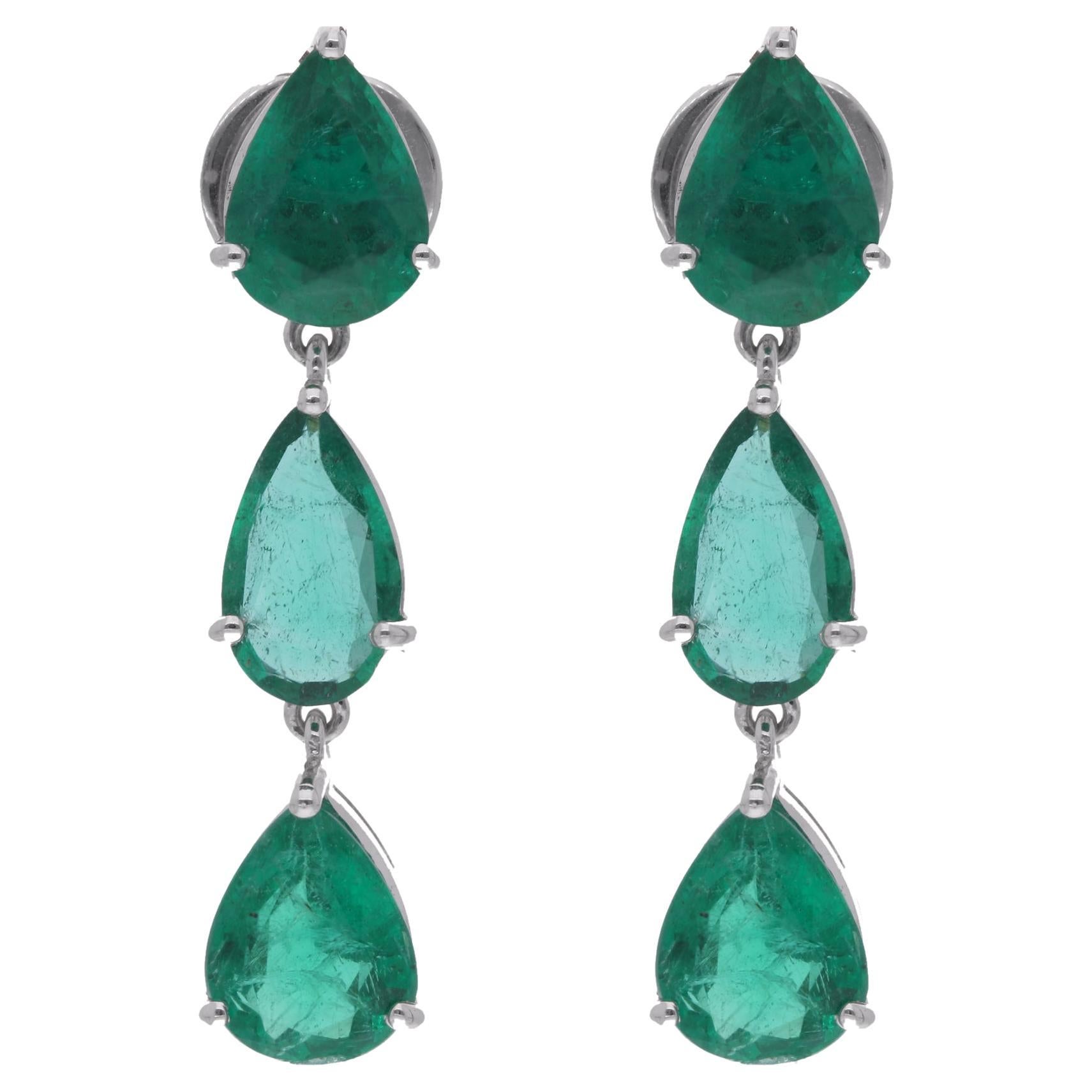 Natural 5.65 Carat Pear Emerald Gemstone Dangle Earrings 18 Karat White Gold For Sale