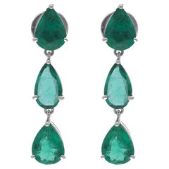 Natural 5.65 Carat Pear Emerald Gemstone Dangle Earrings 18 Karat White Gold