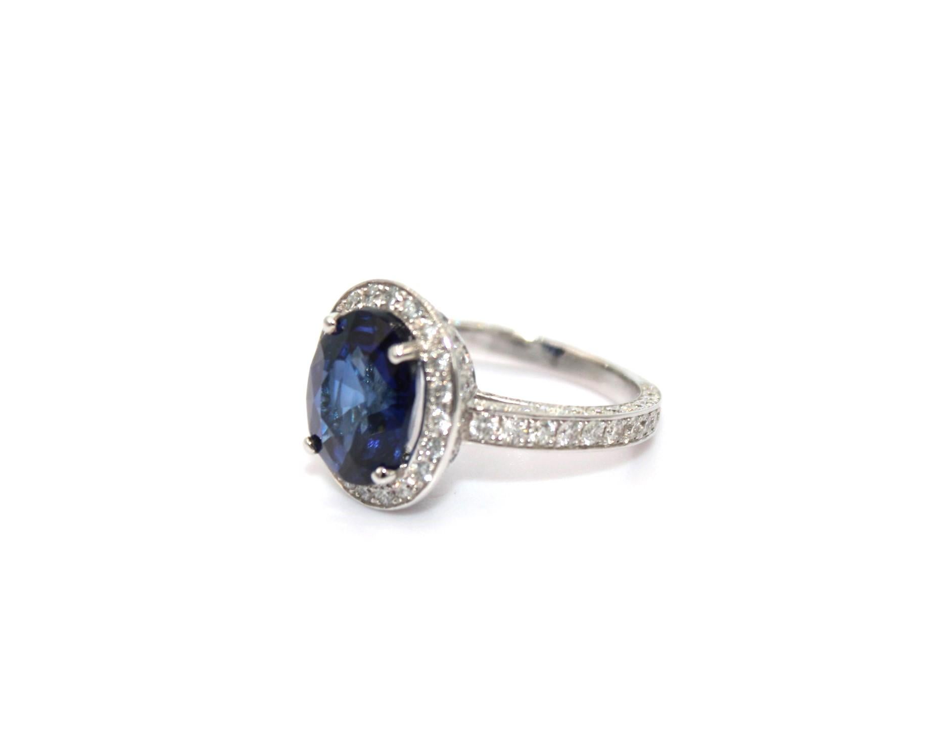 5,65 Karat ovaler Ceylon-Saphir, umrahmt von 306 runden Diamanten mit einem Gesamtgewicht von 5,20 Karat. 

Dieser atemberaubende Saphir-Diamant-Ring wird Ihre Eleganz und Einzigartigkeit unterstreichen. 

Artikel-Details:
- Art: Ring
- Metall: 18K
