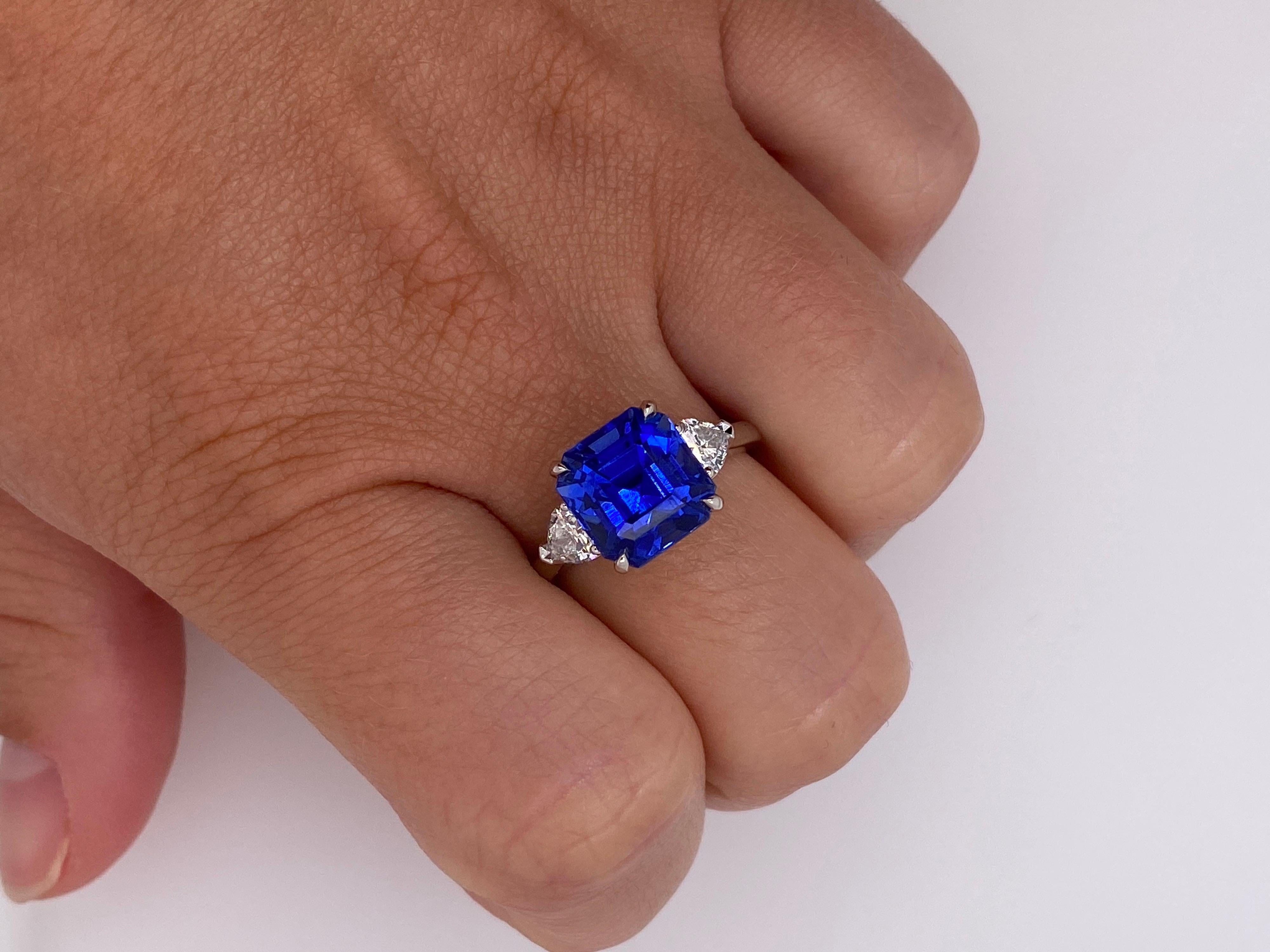 Emerald Cut 5.65 Carat Square Emerald Blue Sapphire and Diamond Ring For Sale