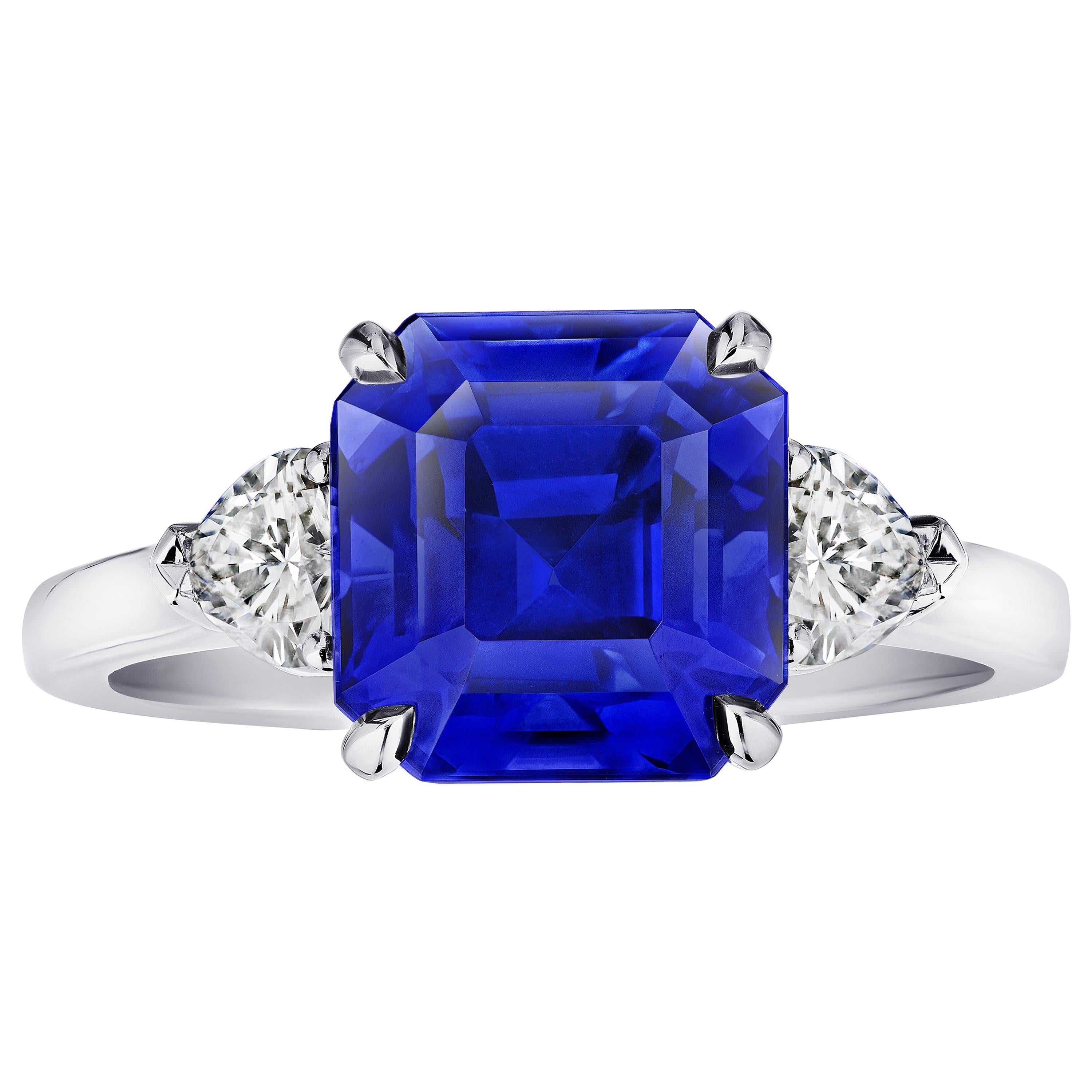 5.65 Carat Square Emerald Blue Sapphire and Diamond Ring For Sale