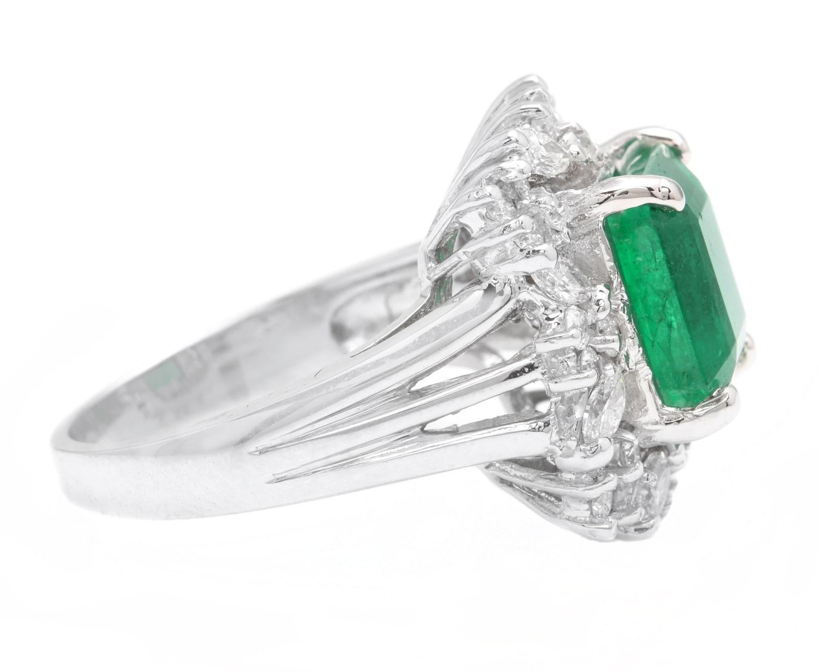 Emerald Cut 5.65 Carats Natural Emerald and Diamond 14K Solid White Gold Ring For Sale
