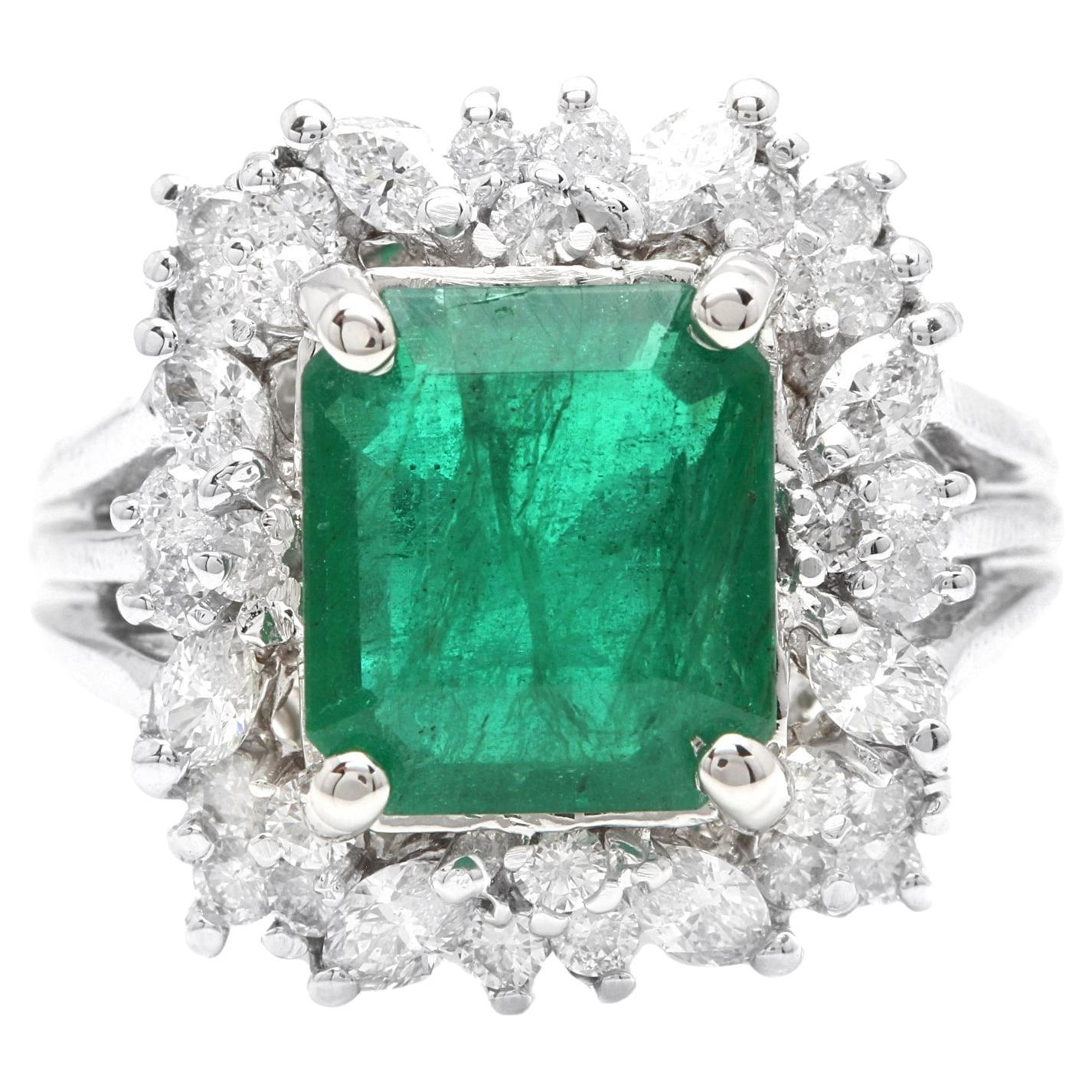 5.65 Carats Natural Emerald and Diamond 14K Solid White Gold Ring