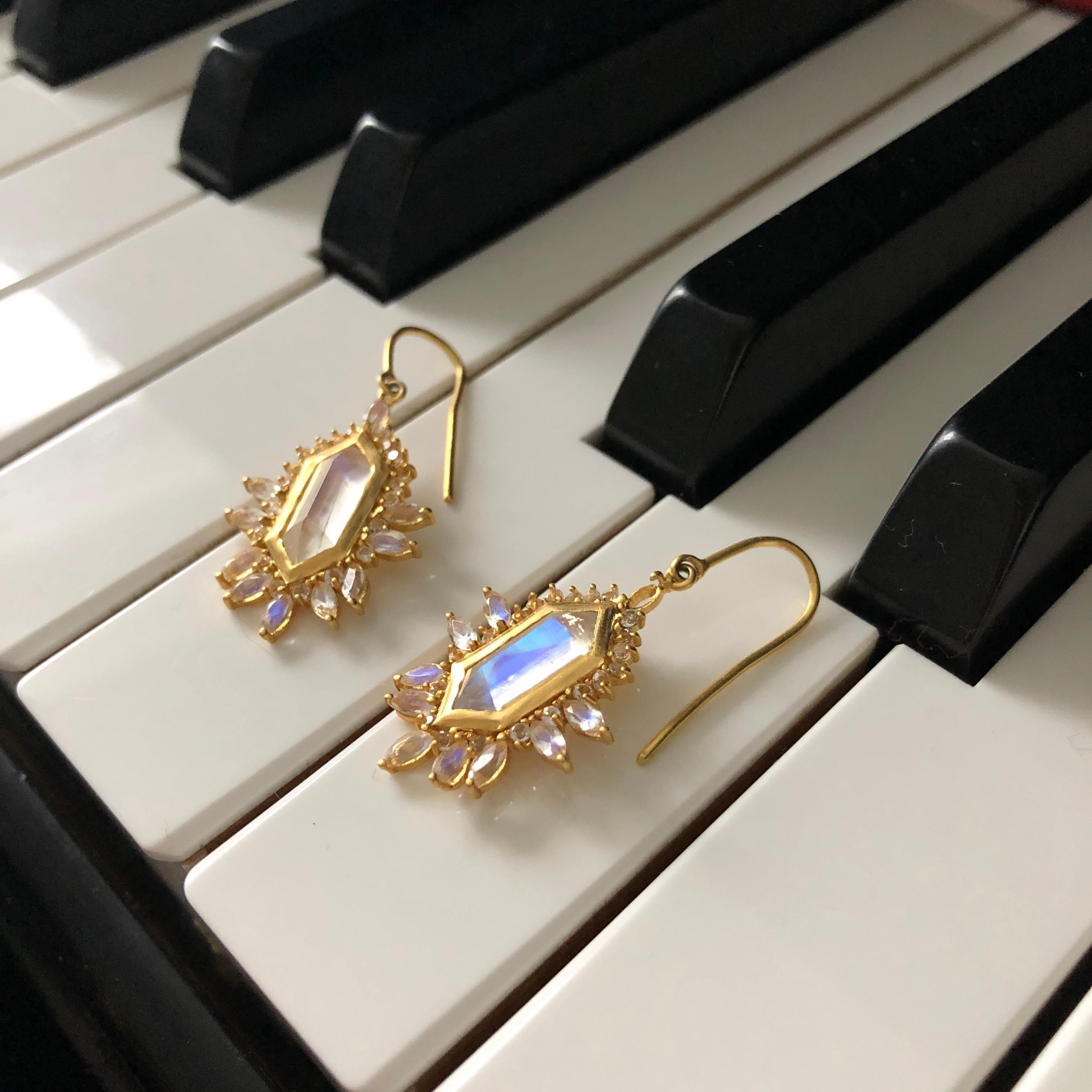 Artisan 5.65 carats Rainbow Moonstone Gold Earrings by Lauren Harper