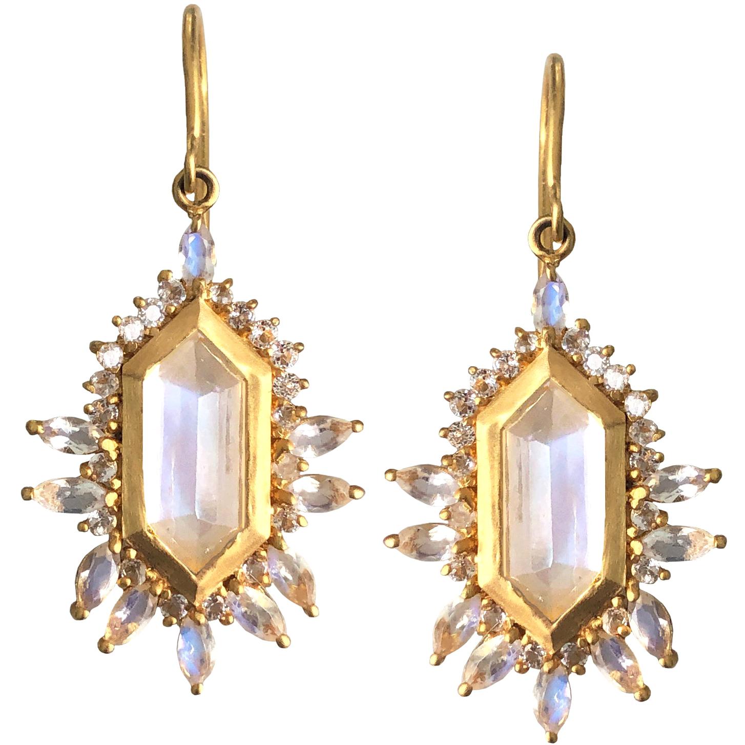 5.65 carats Rainbow Moonstone Gold Earrings by Lauren Harper